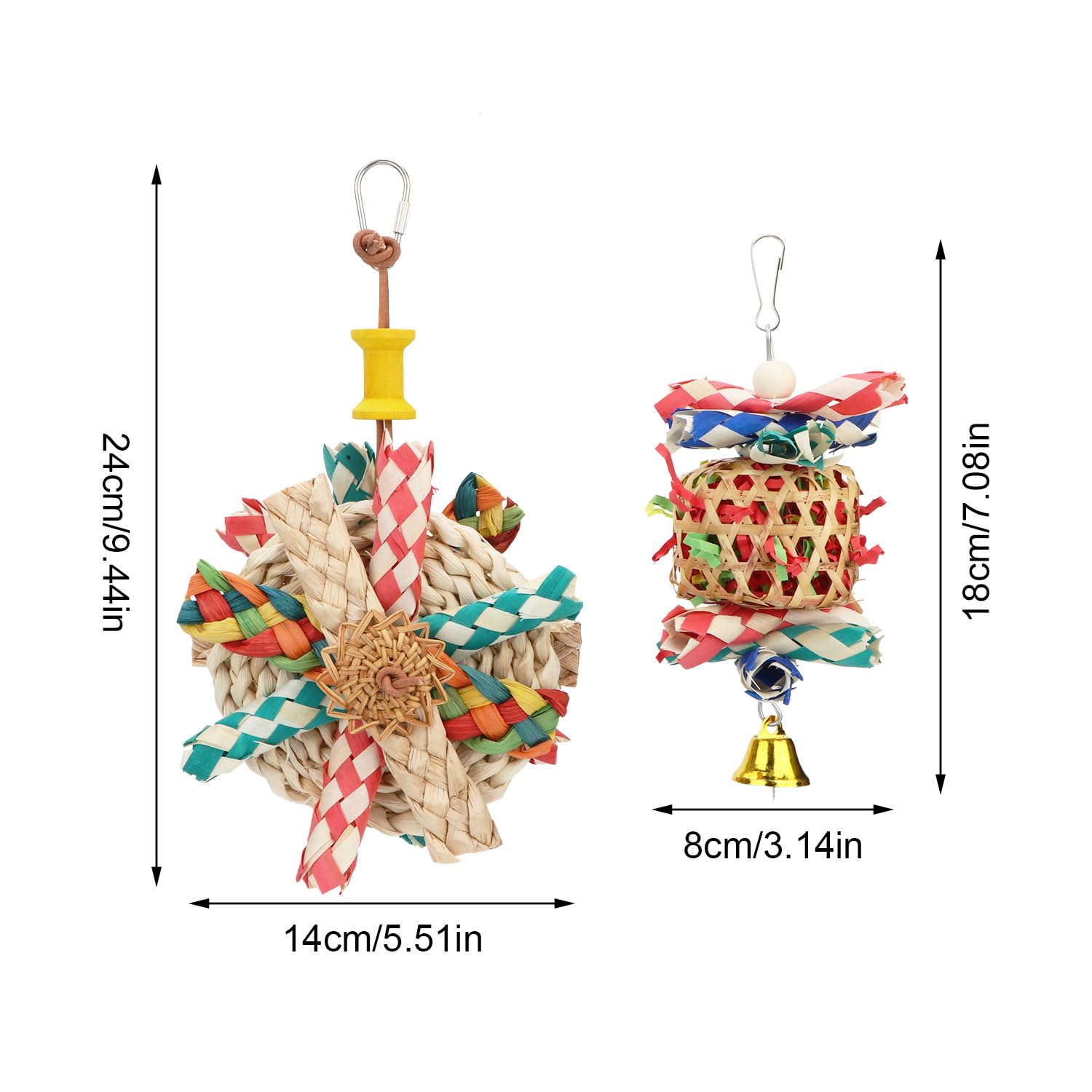 Natural Seagrass Woven Foraging Basket with Bell - Bird Chewing Toys for Parrots, Cockatiels, Sun Parakeets, Budgies & Lovebirds (2-Piece Set: Bite Cake + Woven Basket) - Perfect for Cage Enrichment & Mental Stimulation