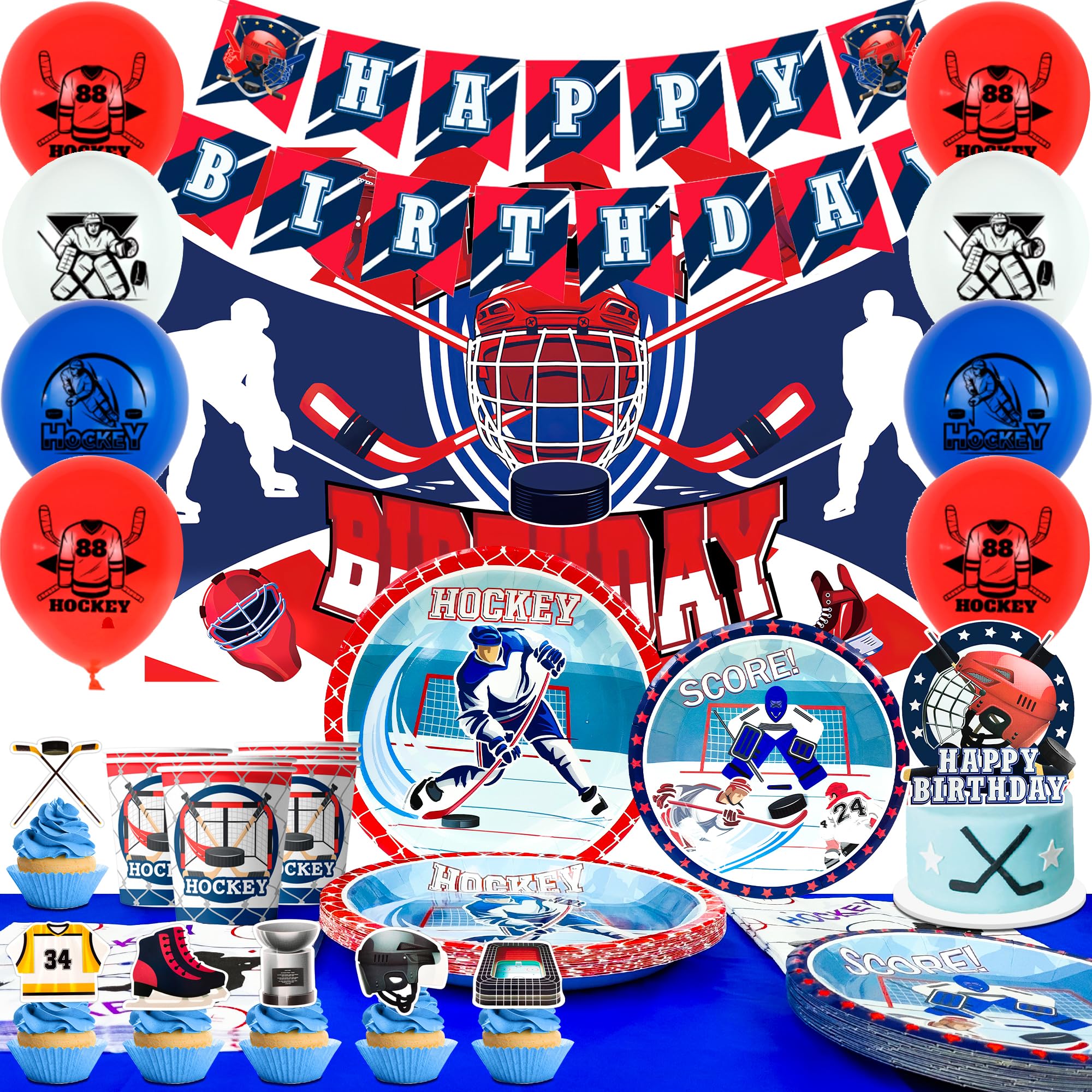 Ice Hockey Birthday Party Decorations Set - Balloons, Banner, Backdrop, Plates, Napkins & Tablecloth for Hockey Themed Celebrations & Sports Events