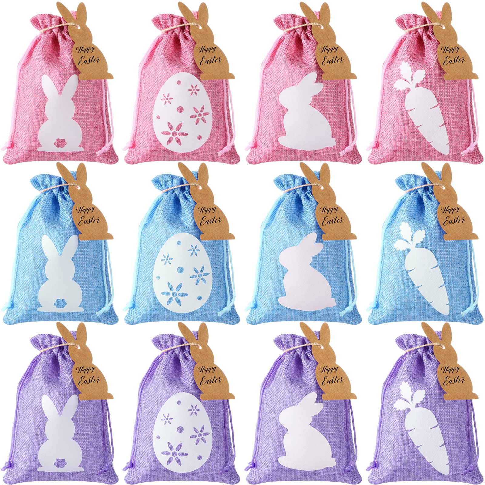 Shappy 24 Pcs Easter Burlap Drawstring Gift Bags - Bunny Linen Goody Bags with Double Jute Drawstrings for Easter Egg Hunt, Party Favors & Spring Decorations (Bright Style)
