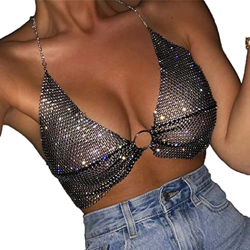Asooll Crystal Body Chain Rhinestone Bikini Bra Jewelry for Women - Elegant Beach Party Prom Rave Body Accessories (Black) | Perfect for Summer Vacations, Pool Parties & Festival Outfits