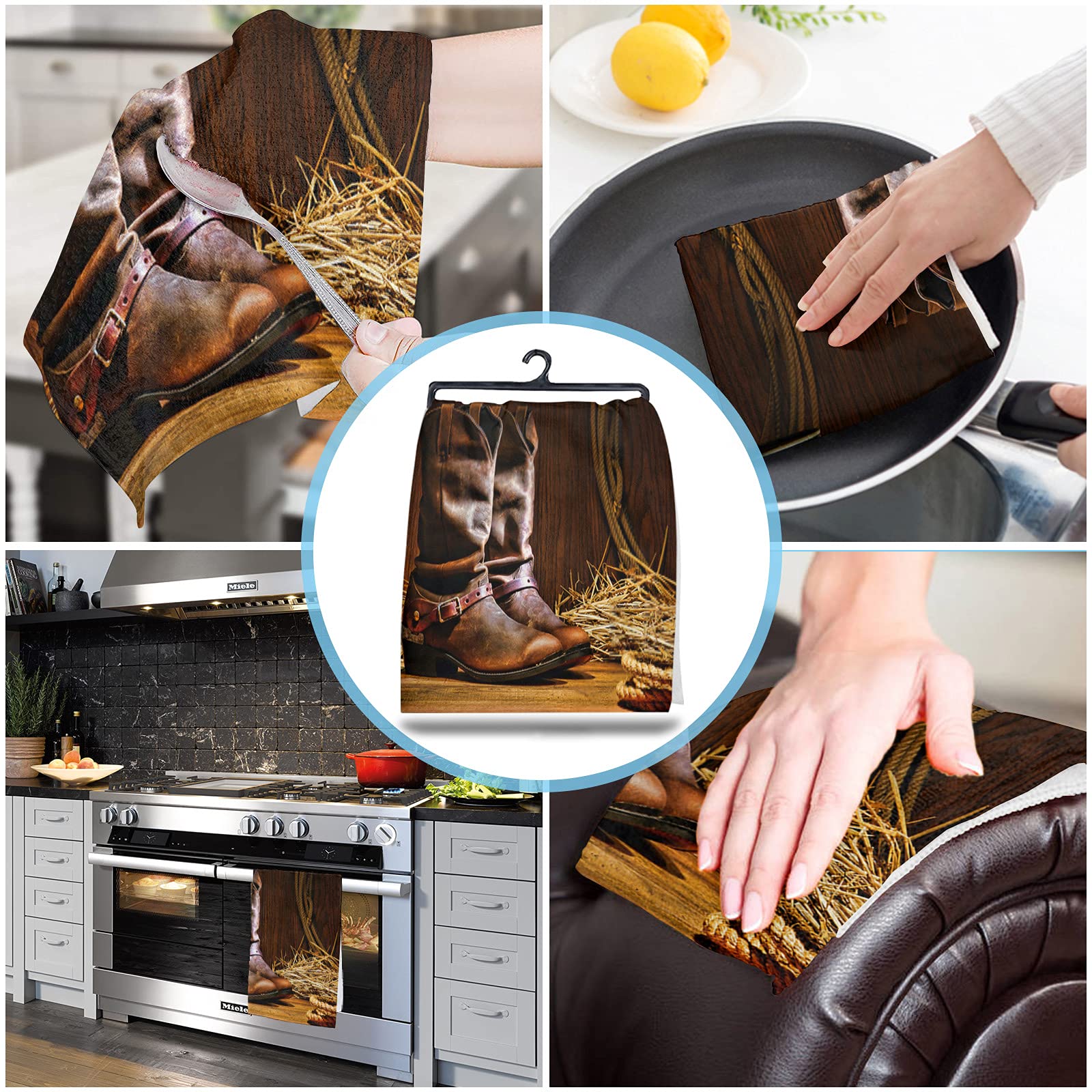 4 Pack Super Absorbent Microfiber Kitchen Dish Towels - Soft Cowboy Boot Print Dishcloths, Hand Towels & Tea Towels for Kitchen, Bathroom & Bar | Perfect for Drying Dishes, Cleaning Surfaces & Western-Themed Decor