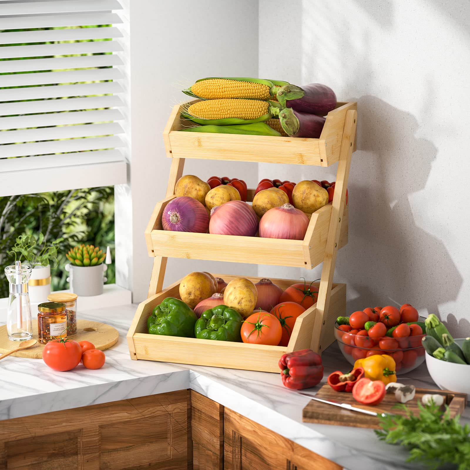Premium Bamboo Fruit Basket - 15mm Thick Kitchen Countertop Organizer for Fruits & Vegetables | Durable Storage Stand with Easy Self-Assembly | Perfect for Pantry, Dining Table, and Farmhouse Style Kitchens