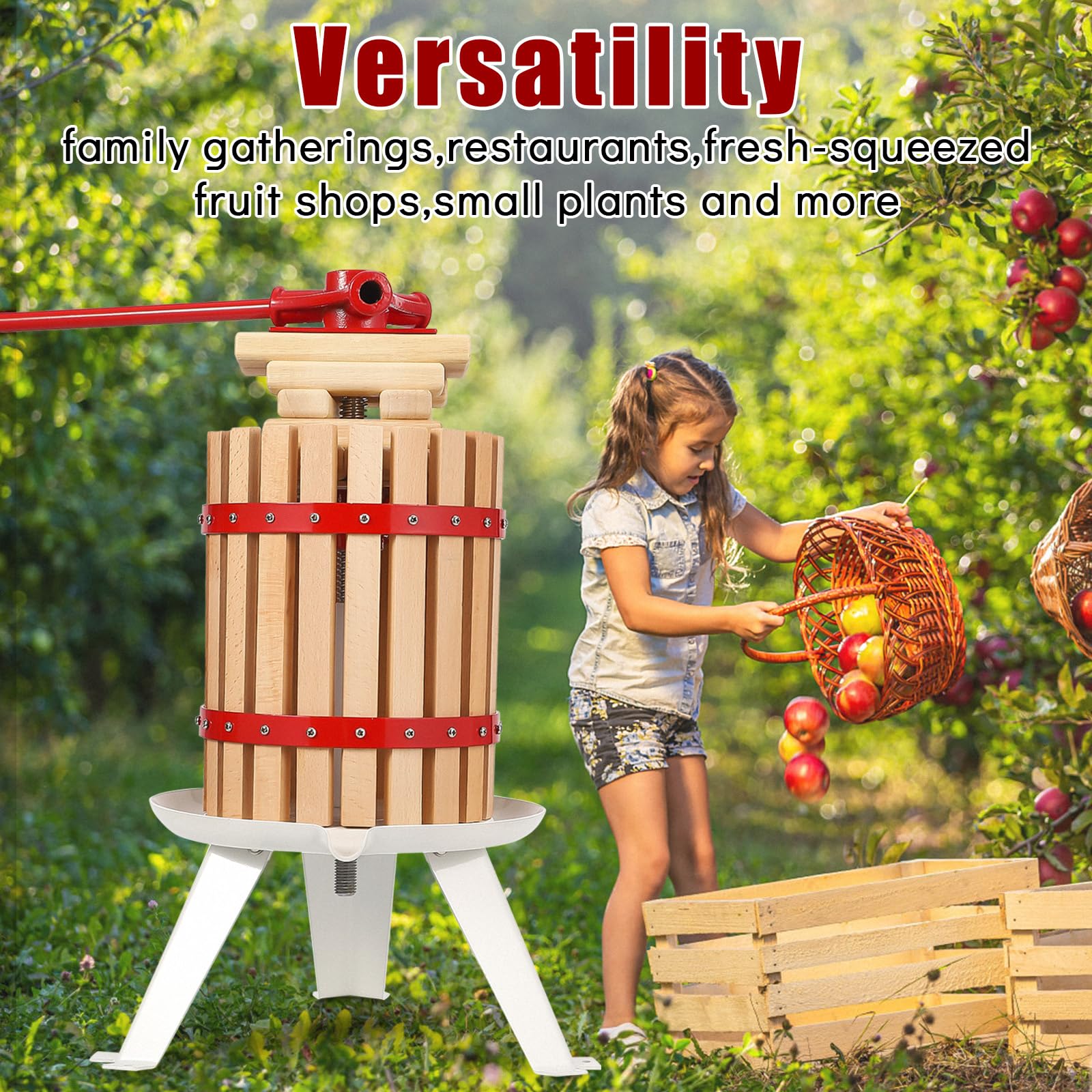 1.6 Gallon Manual Fruit Wine Press - Heavy Duty Wood & Steel Cider Press with T-Handle, Stable Triangular Base for Home Winemaking - Perfect for Apples, Grapes, Berries - Great for Outdoor, Kitchen, Homemade Wine & Juice Making