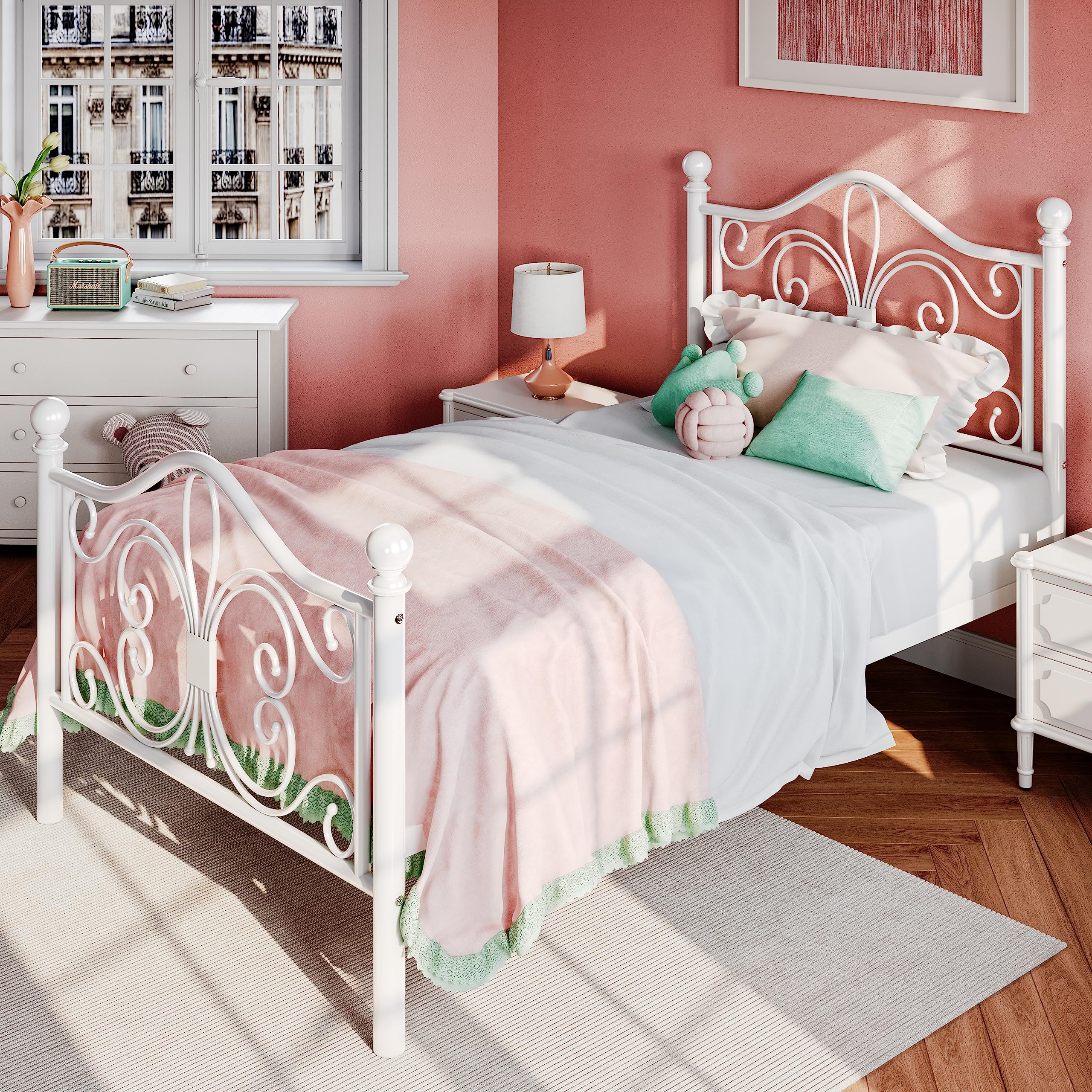 SHA CERLIN Twin Size Metal Bed Frame for Kids - Butterfly Pattern Headboard & Footboard, No Box Spring Required, Easy Assembly, White - Perfect for Children's Bedrooms, Guest Rooms & Small Spaces