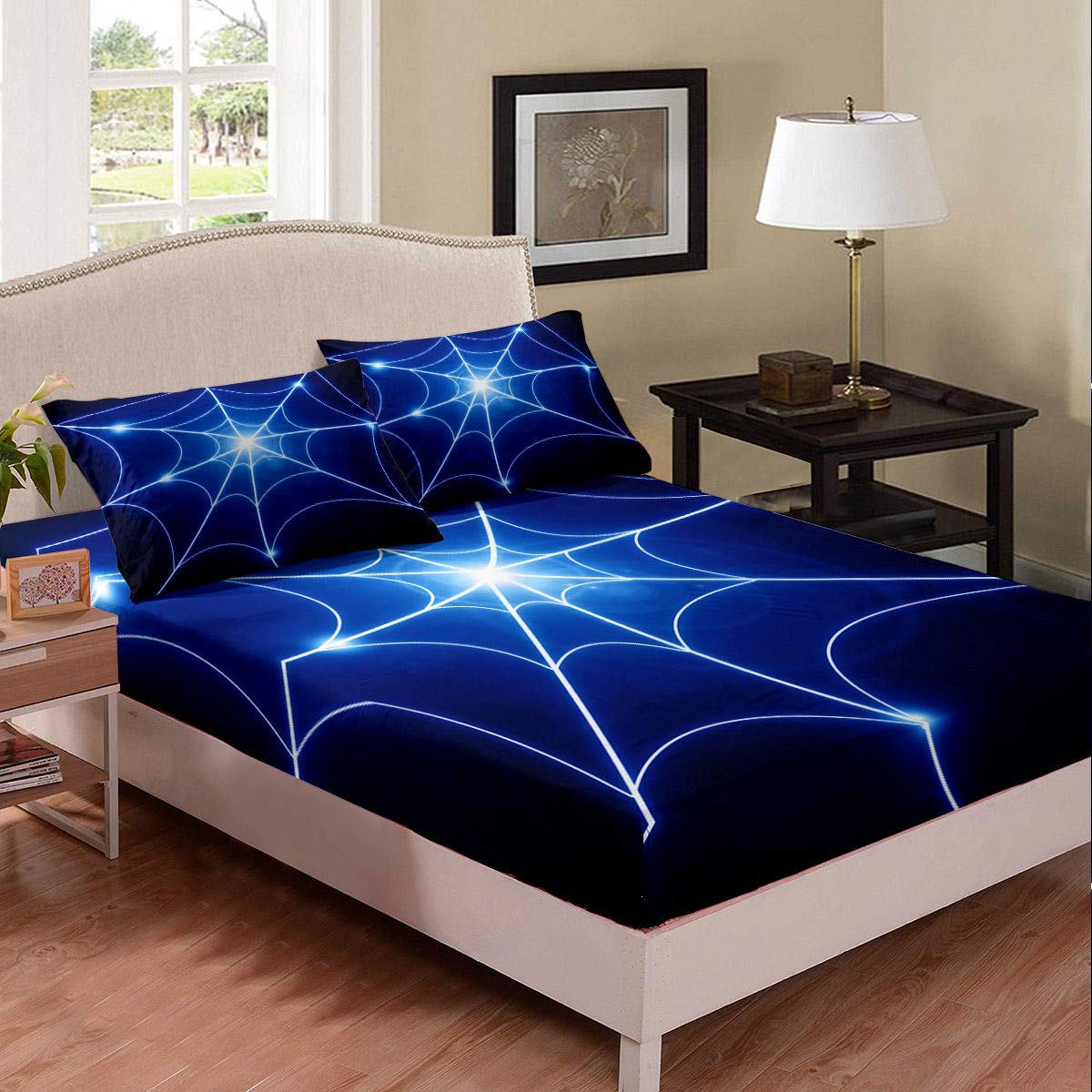 Erosebridal Halloween Gothic Spider Web Bedding Set - 2 Piece Twin Size Luxury Microfiber Fitted Sheet & Bottom Sheet - Blue Spider Web Wildlife Design - Ultra Soft & Cozy Bedclothes for Spooky Decor & Horror Theme Bedrooms