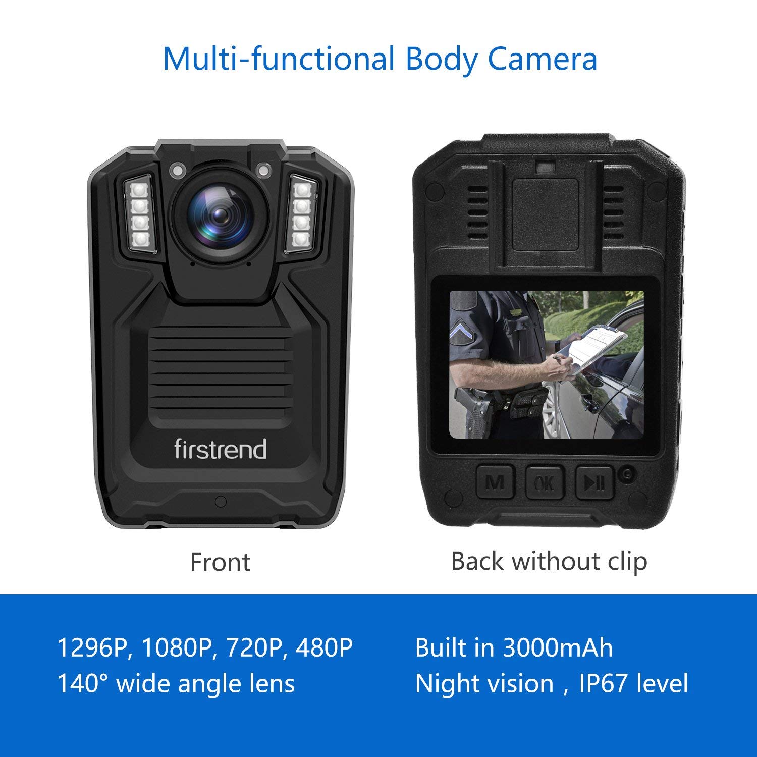 Firstrend 1296P HD Body Camera - Portable Police Body Camera with 32GB Memory, Night Vision, IP67 Waterproof - Ideal for Law Enforcement, Security Guards & Outdoor Activities
