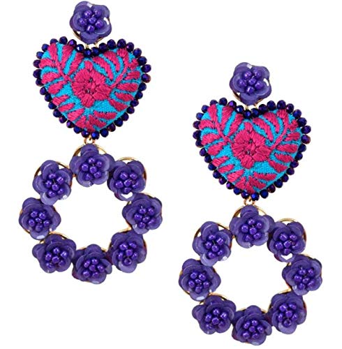 Floral Wreath & Embroidered Heart Dangle Earrings for Women - Boho Chic Jewelry for Weddings, Parties & Everyday Wear