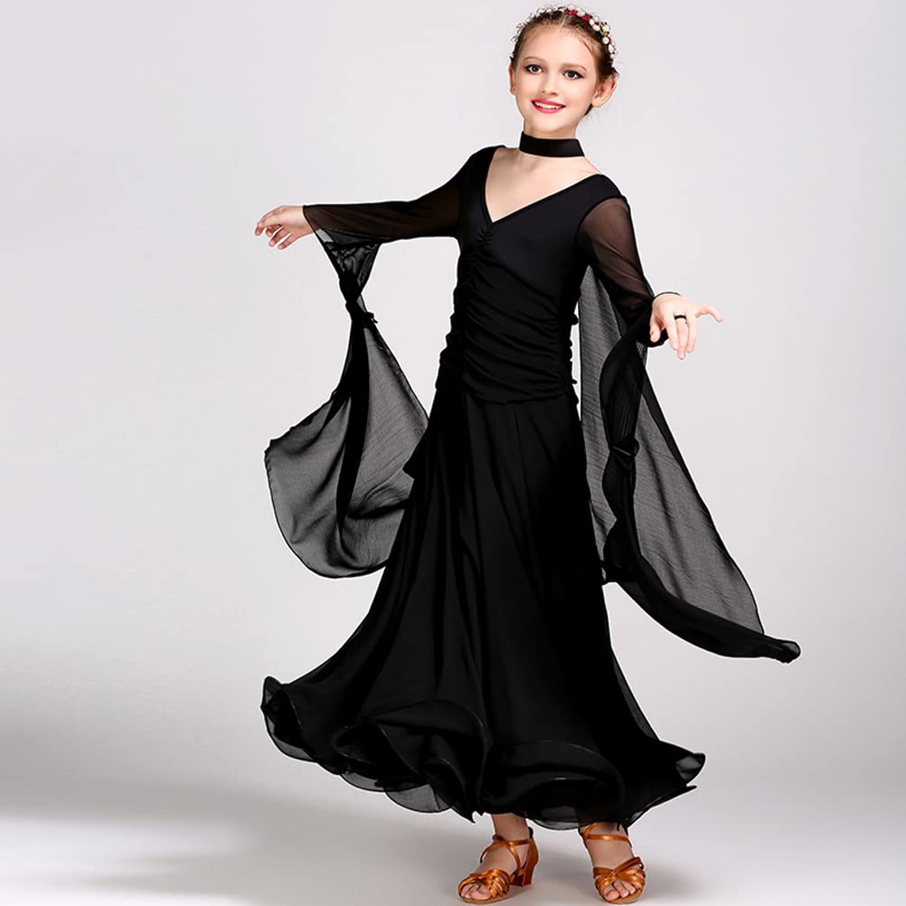 Girls Long Sleeve Romantic Floating Yarn Ballroom Dance Dress - Elegant Competition & Performance Outfit for Modern Dance, Waltz, Latin & Ballet - Perfect for Recitals, Shows & Special Occasions