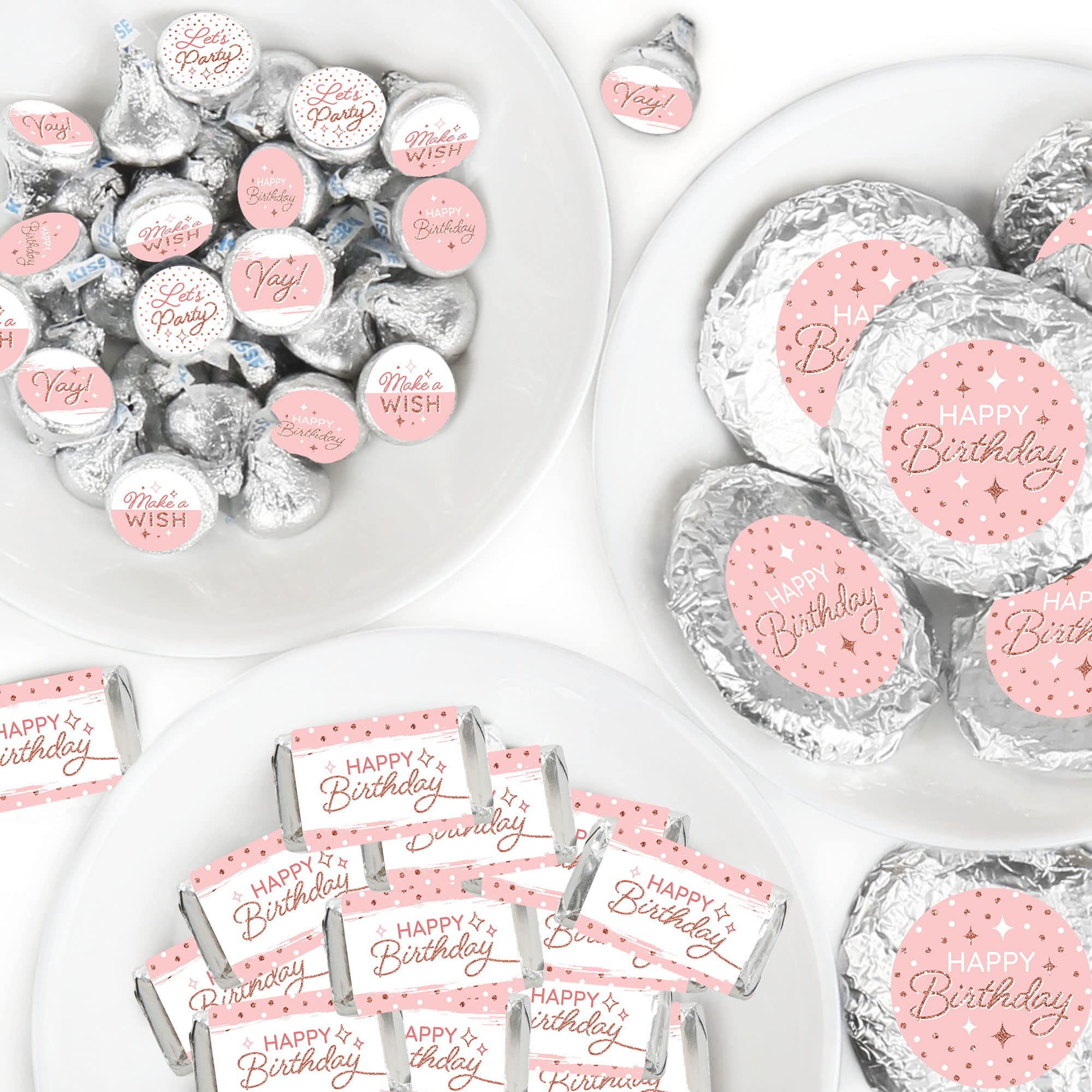 Pink Rose Gold Birthday Candy Wrappers & Stickers - 304 Piece Party Favor Kit for Happy Birthday Celebrations - Perfect for Candy Buffets, Cupcake Toppers, and Gift Packaging