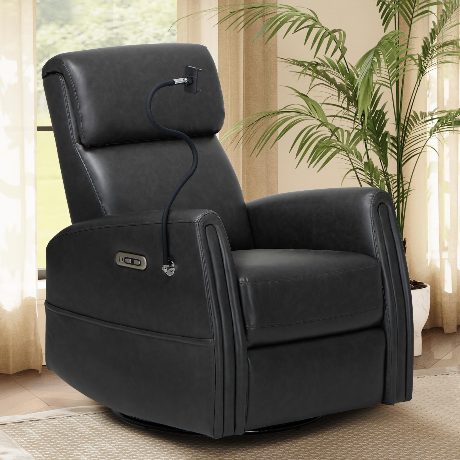 COLAMY Power Swivel Recliner Glider Rocking Chair with USB Charging Ports - Comfortable Nursery Chair for Baby Room, Living Room Accent Armchair & Bedroom Recliner - Charcoal Gray - Perfect for Nursing, Relaxing & Small Space Furniture