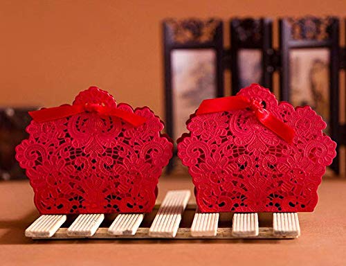 Ponatia 50-Piece Laser Cut Wedding Favor Boxes with Ribbon - Elegant Red Gift Boxes for Chocolates, Candies & Party Favors - Perfect for Weddings, Bridal Showers & Special Events
