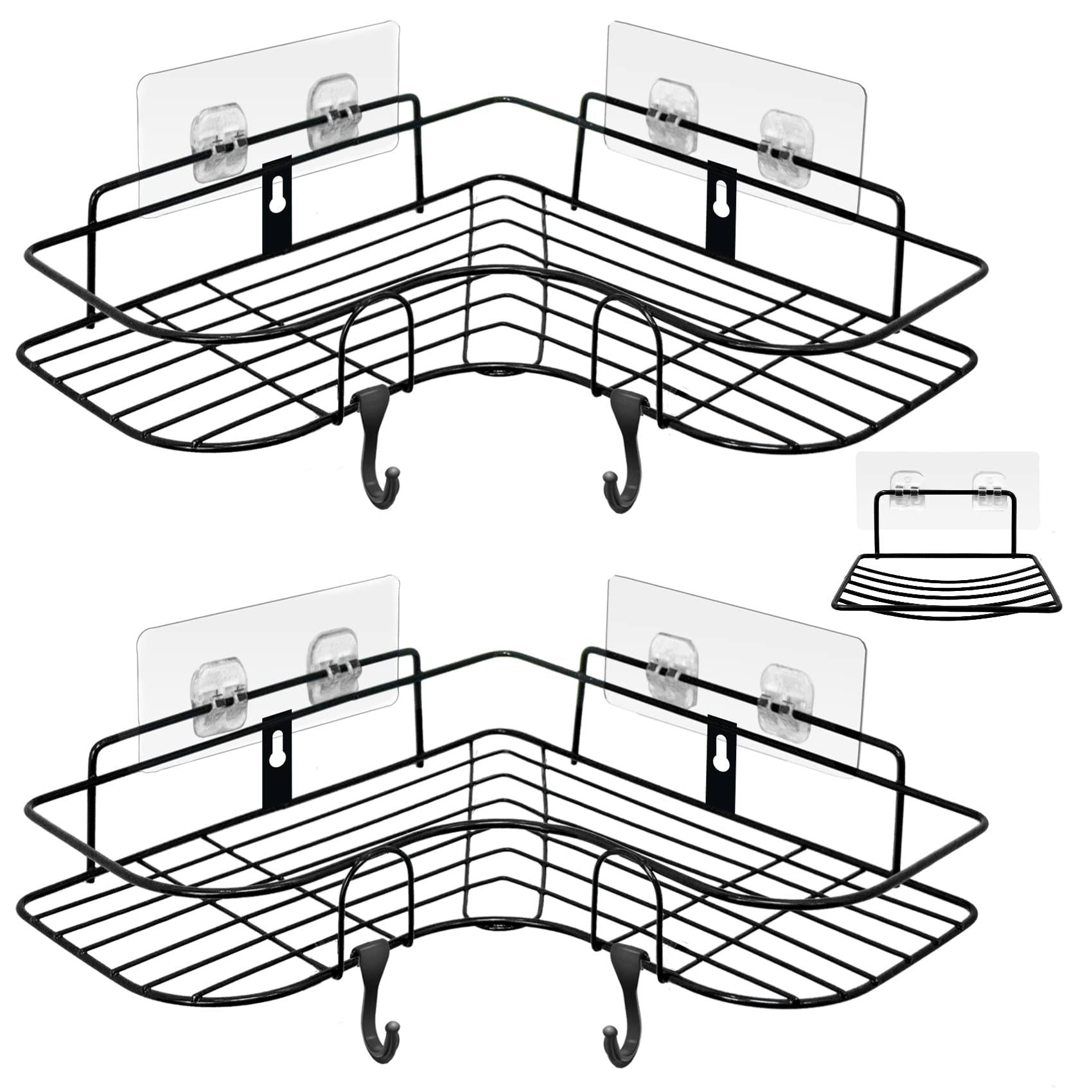 ADORAMOUR 2-Pack Corner Shower Caddy Set - No Drill Bathroom Organizer with Soap Dish & Adhesive Storage Rack | Shower Shelf for Shampoo, Conditioner & Toiletries | Perfect for Small Bathrooms & Apartment Showers (Black)