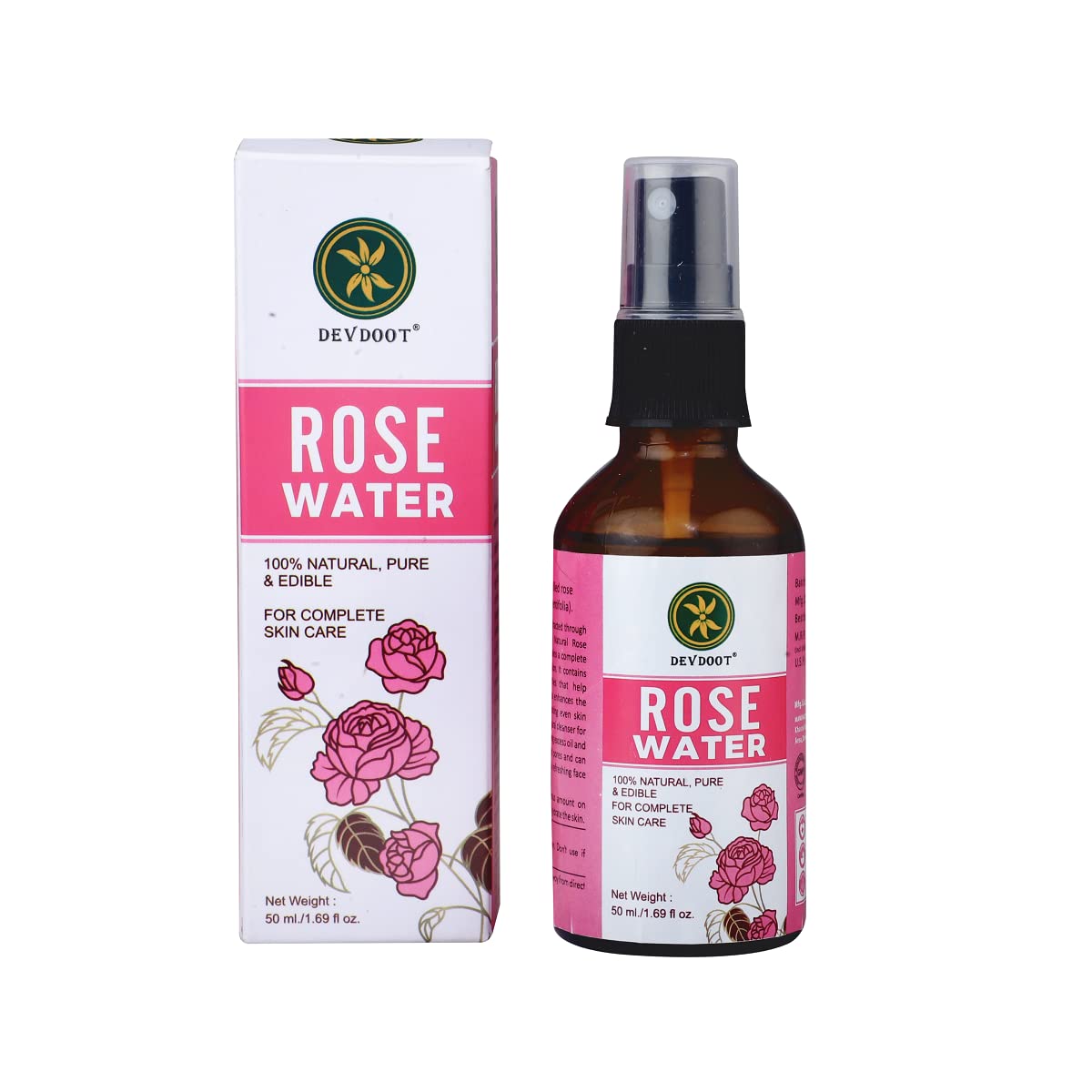 **Devdoot Edible Rose Water 100% Pure Natural (USDA Certified) - 50ml x 2 Pack | Hydrating, Floral Flavor for Drinks, Desserts & Skincare**