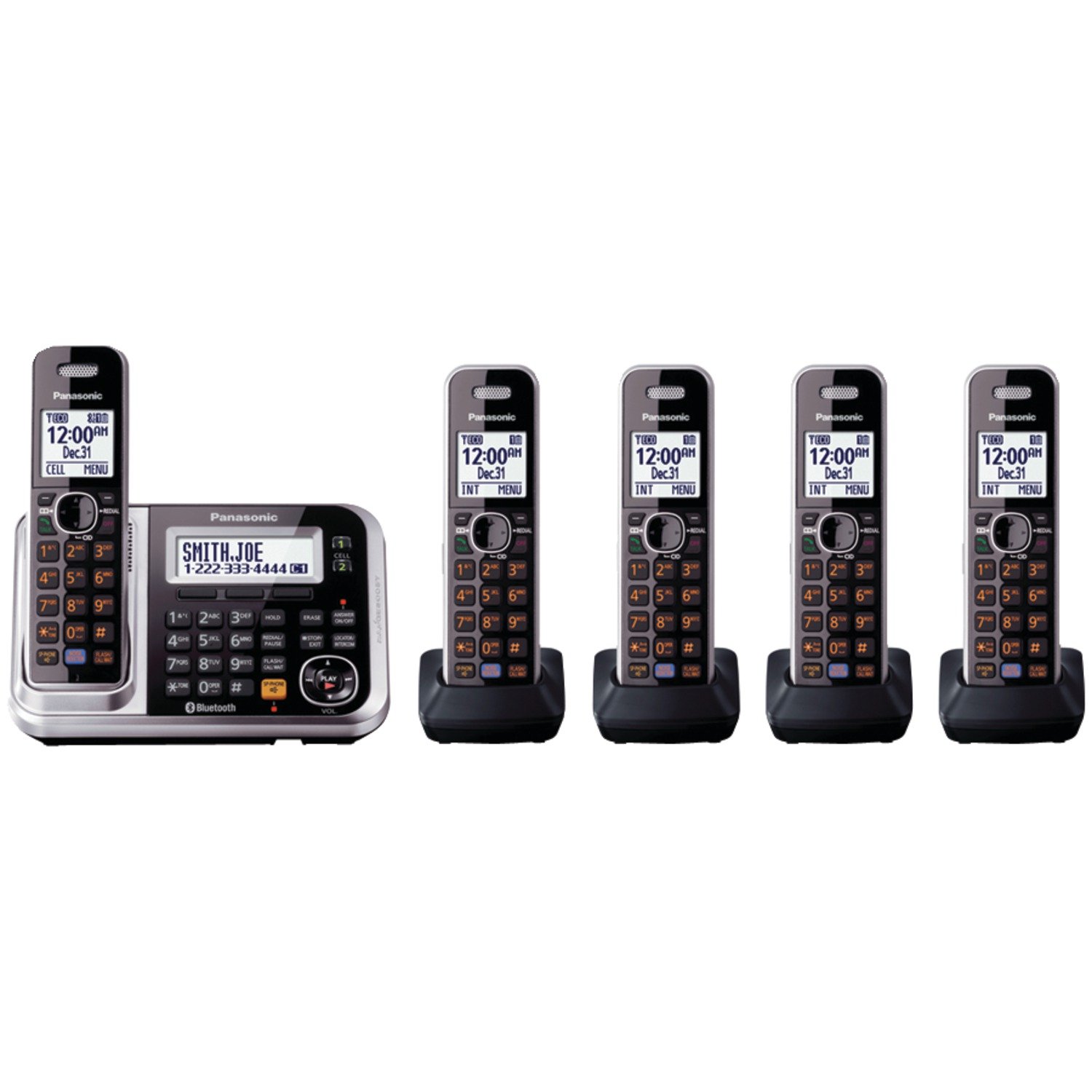 Panasonic KX-TG7875S Link2Cell Bluetooth Cordless Phone System with 5 Handsets - Enhanced Noise Reduction, Digital Answering Machine, Caller ID (Black/Silver) - Perfect for Home Office & Large Houses with Multiple Rooms