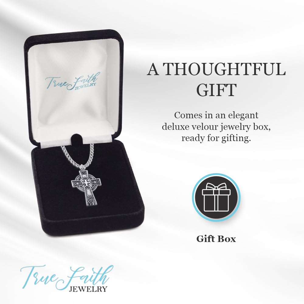 True Faith Jewelry Sterling Silver Celtic Cross Pendant Necklace - Oxidized Religious Jewelry (1 1/8 Inch) - Perfect for Church, Weddings & Spiritual Gifts