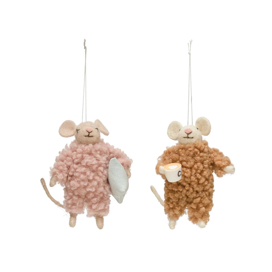 Wool Felt Mouse in Pajamas Ornament with Coffee & Pillow - Multi-Color Christmas Decor (2 Styles) - Perfect for Holiday Tree Decorations, Gift Giving & Cozy Home Decor