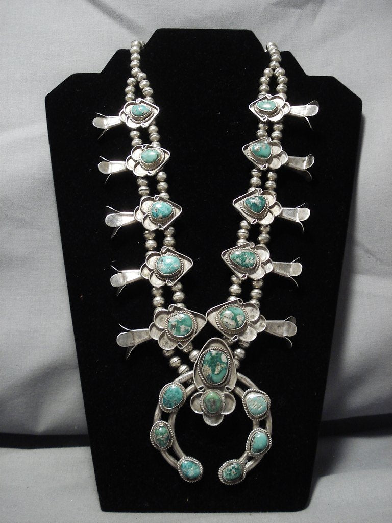 Authentic Vintage Navajo Sterling Silver Squash Blossom Necklace with Royston Turquoise - 190g Native American Jewelry for Women - Perfect for Boho Fashion, Weddings & Special Occasions