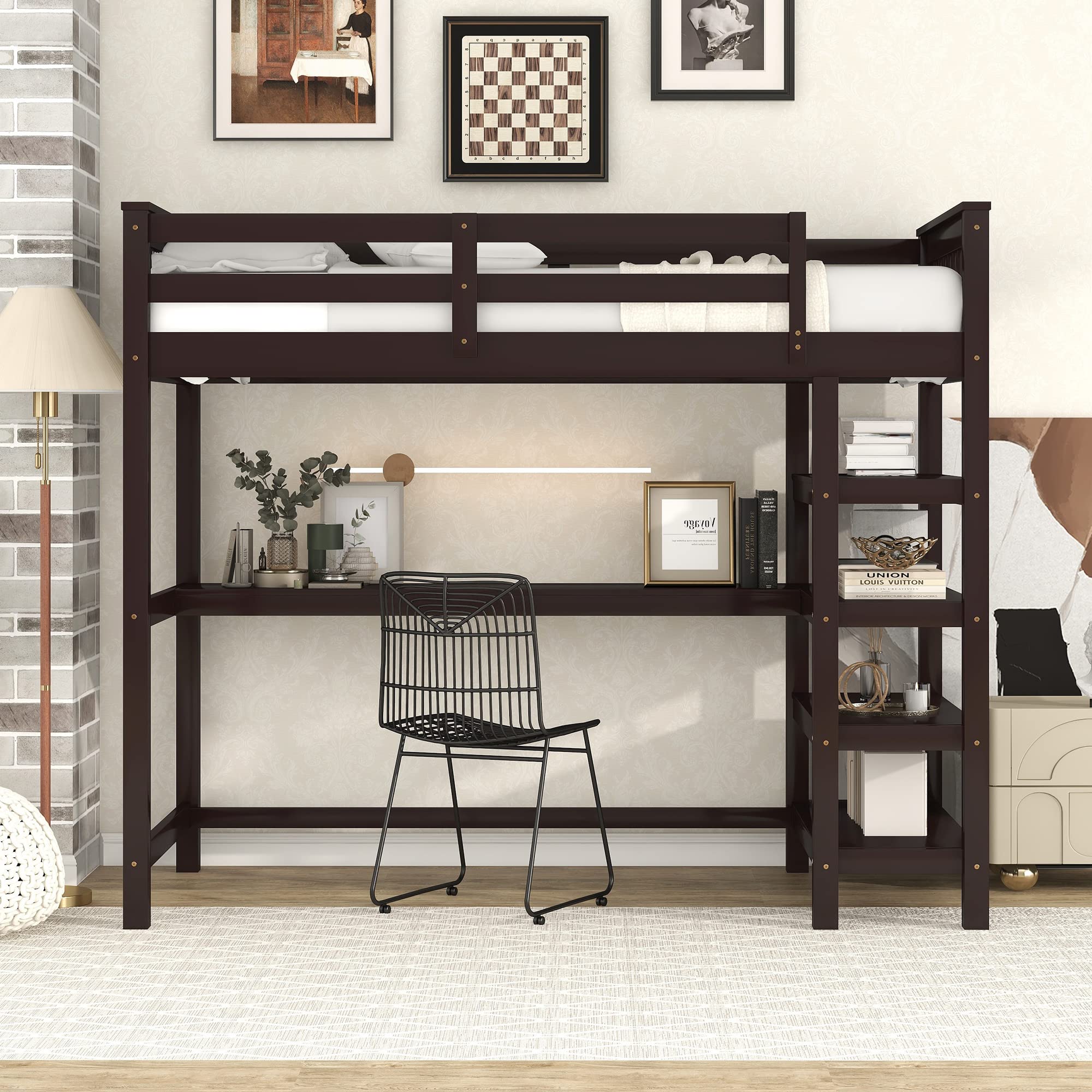 Bellemave Twin Loft Bed with Desk & Bookshelf - Wooden Bunk Bed with 4 Storage Shelves for Kids, Teens, Boys & Girls - Space Saving Dorm Furniture for Small Rooms (Espresso Finish) - Perfect for Bedrooms, College Dorms & Studio Apartments