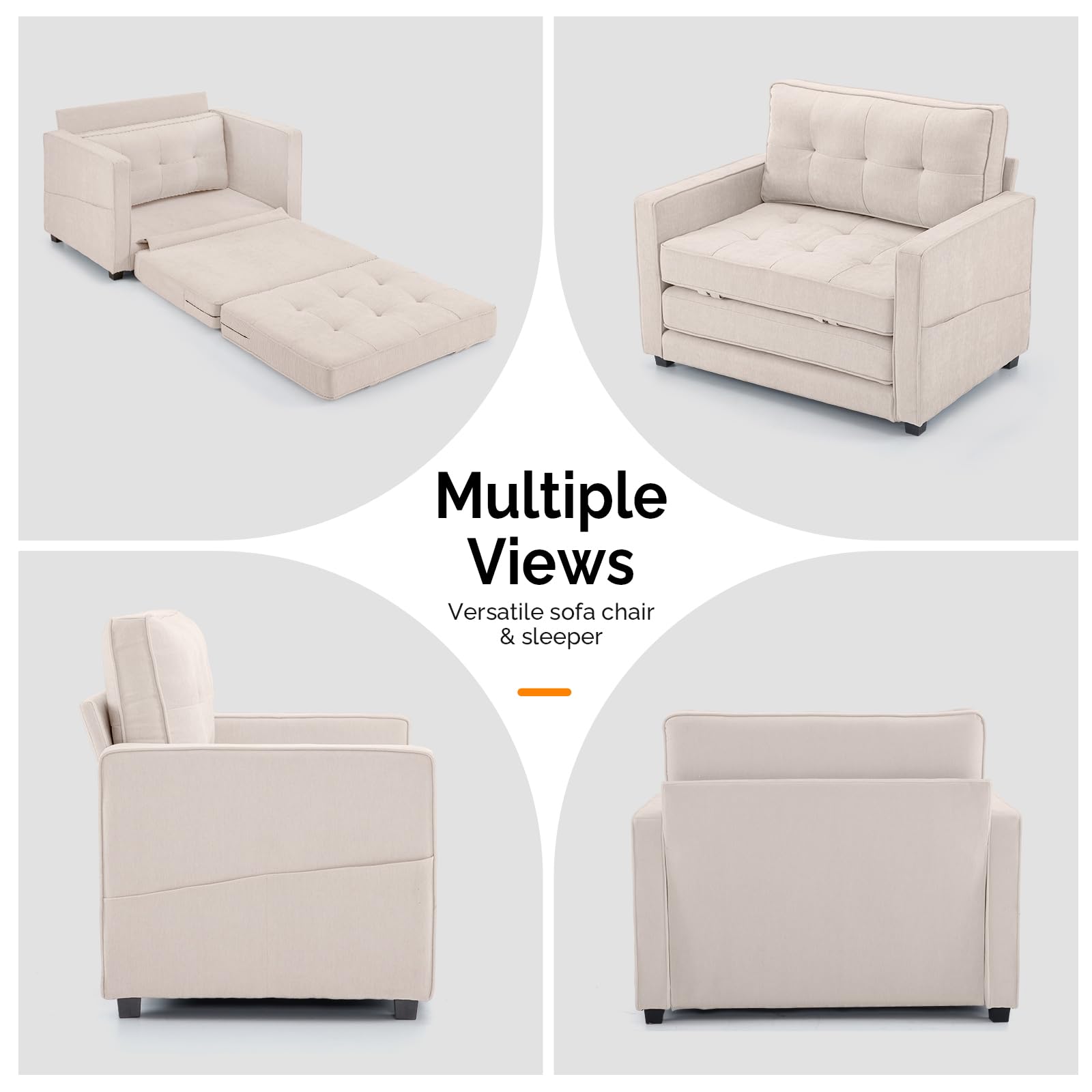 VINGLI Convertible Sleeper Chair Bed - Foldable Sofa Bed for Living Room, Office & Guest Room - Single Futon Couch in Beige - 43