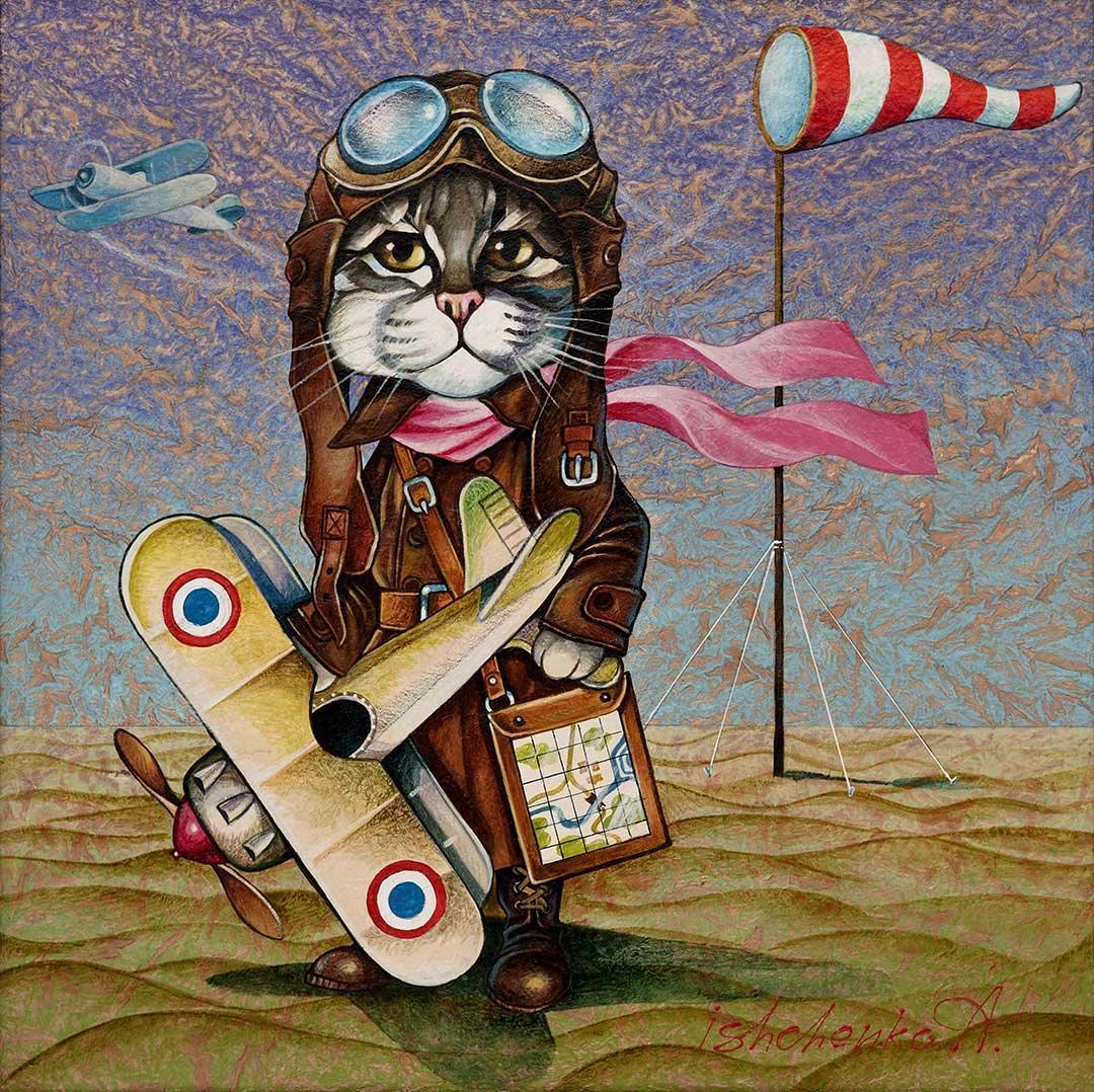 Aviator Cat Painting - 50x50cm Acrylic Artwork on Rice Paper by Artist Ishchenko - Unique Home Decor & Gift for Cat Lovers