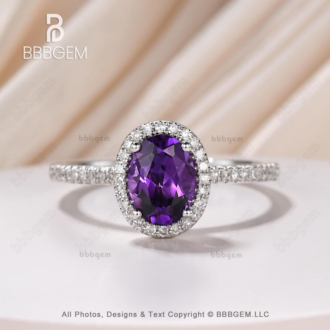 Vintage Oval Halo Moissanite & Natural Purple Amethyst Statement Ring - 14K White Gold Crystal Ring for Women - Perfect for Weddings, Anniversaries & Special Occasions