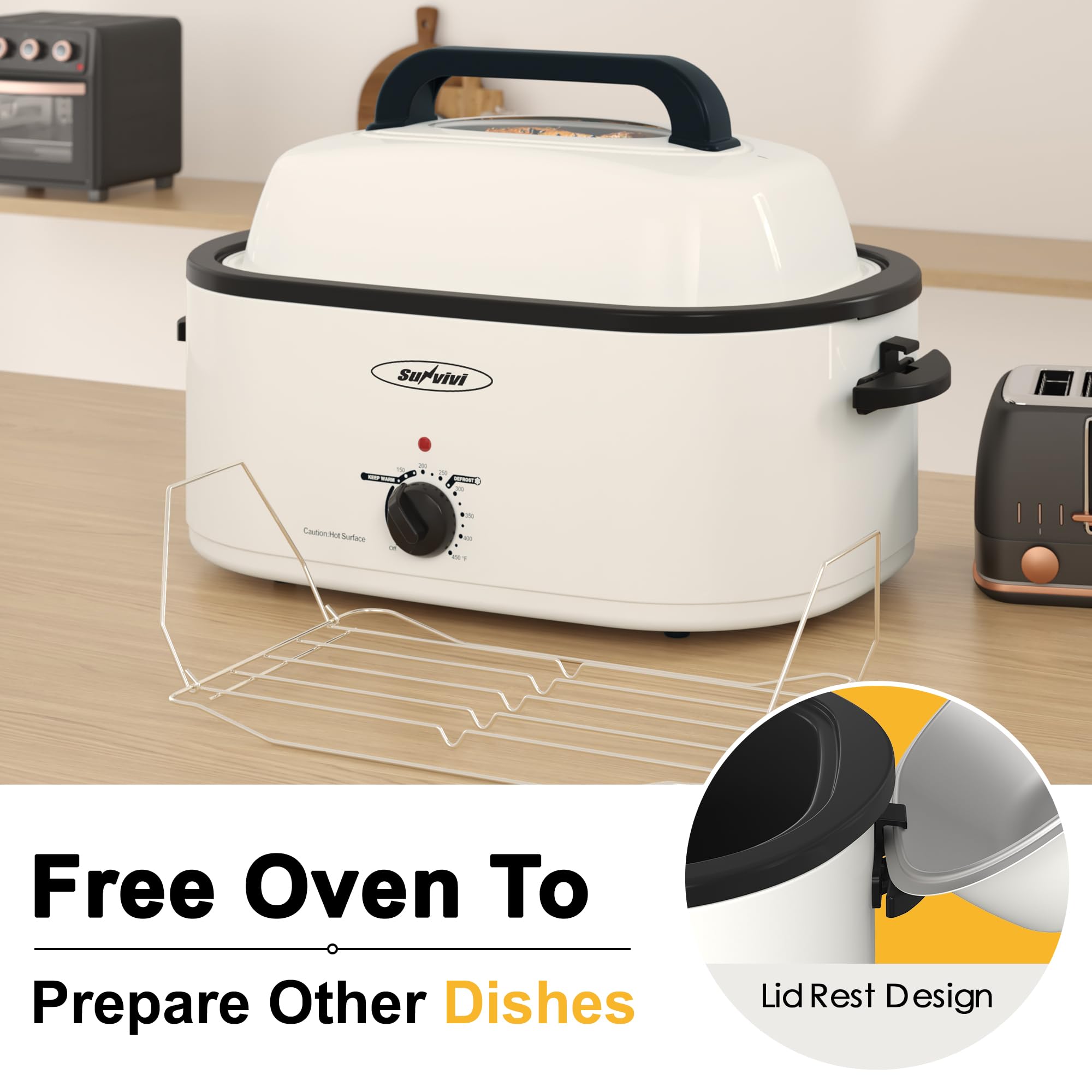 Sunvivi 24-Quart Electric Roaster Oven with Viewing Lid - 28lb Capacity Turkey Roaster with Defrost/Warm Function, Removable Pan & Rack - Stainless Steel White - Perfect for Holiday Dinners, Family Gatherings & Large Meal Preparations