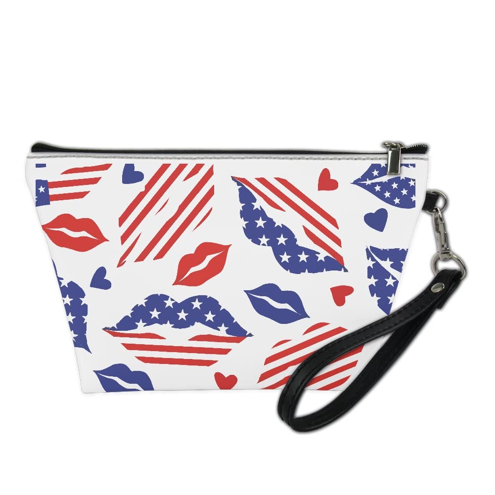 GLUDEAR Women's Travel Makeup Bag - Waterproof Cosmetic Organizer with American Flag Lips Design, Portable Train Case & Toiletry Storage for Makeup Artists, Perfect for Travel, Gym, and Daily Use
