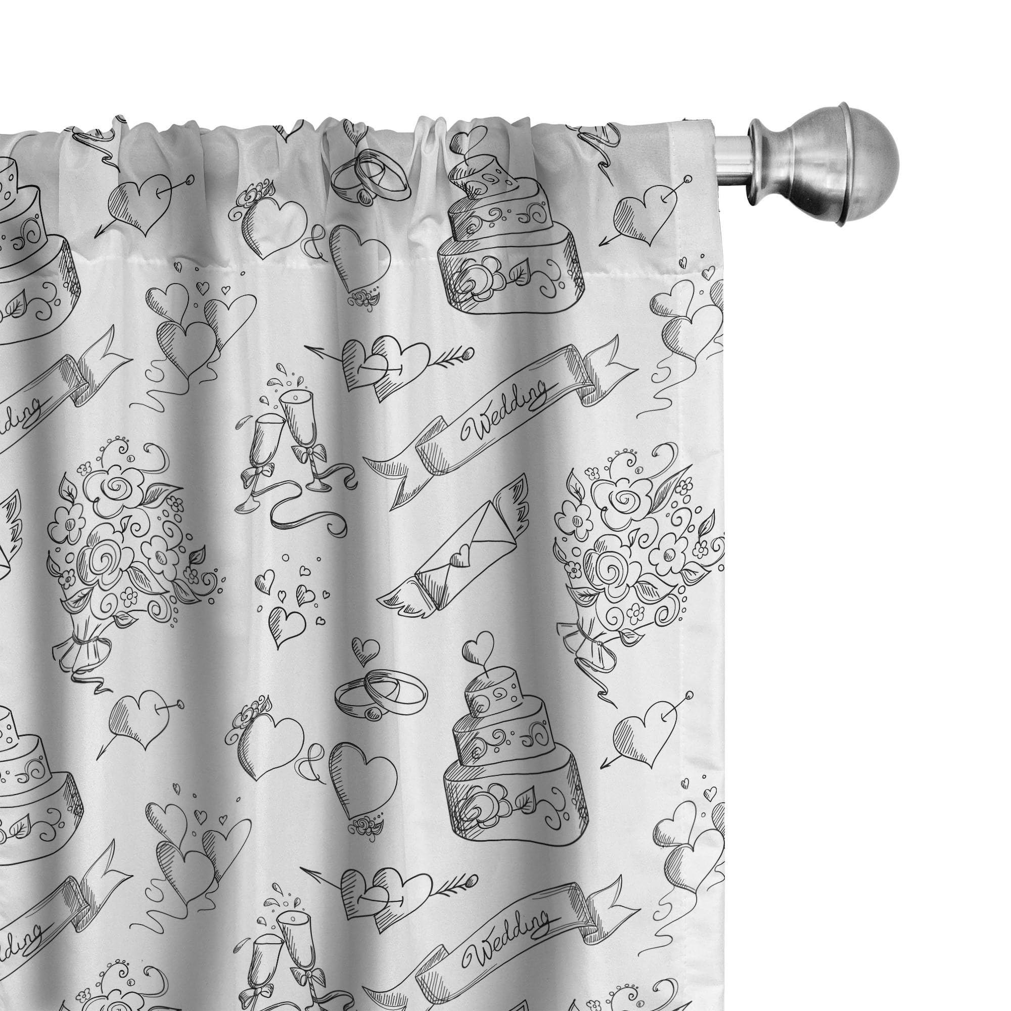 Ambesonne Black and White Wedding Window Curtains - Monochrome Floral Bouquet & Ornate Cake Hearts Design - Lightweight 2-Panel Set with Rod Pocket (28x95 inches) - Perfect for Bridal Showers, Wedding Decor & Romantic Bedroom Design