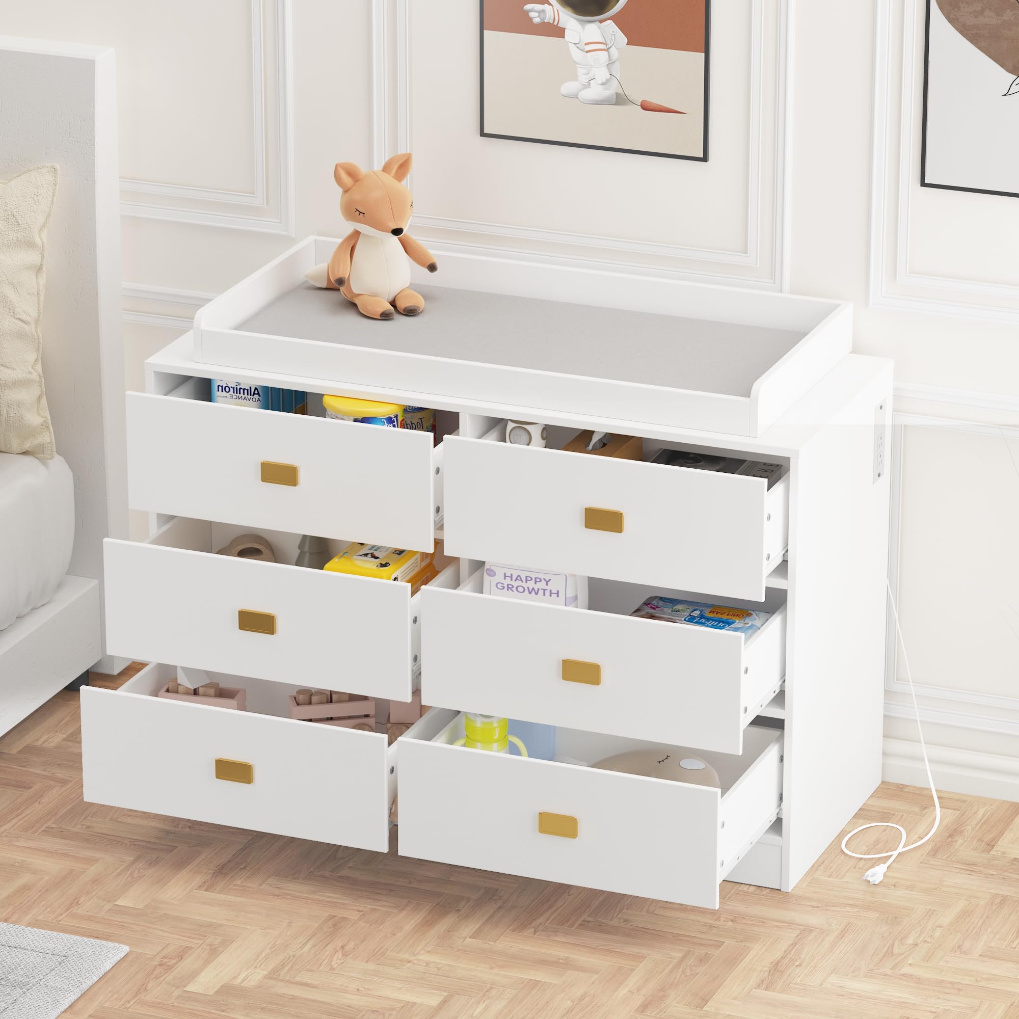 White 6-Drawer Nursery Dresser with Changing Table Top, Power Outlets & Removable Pad - Baby Changing Station for Bedroom & Nursery Organization - Perfect for Diaper Changes, Storage & Nursery Decor