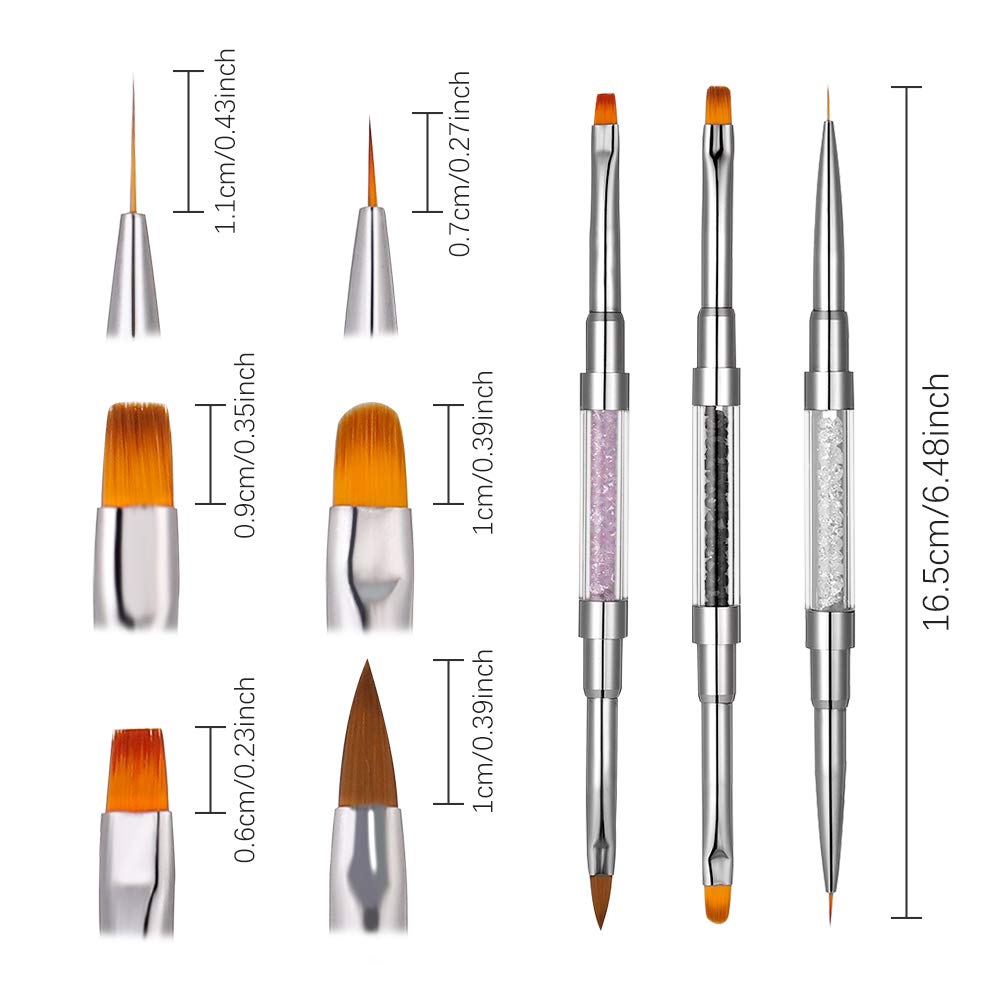 3 Pack Dual-ended Nail Art Brush Set - Nail Painting Brushes with Nylon Hair & Rhinestone Handle for UV Gel, Acrylic Nails - Perfect for Salon, Home Manicure & Professional Nail Art Designs