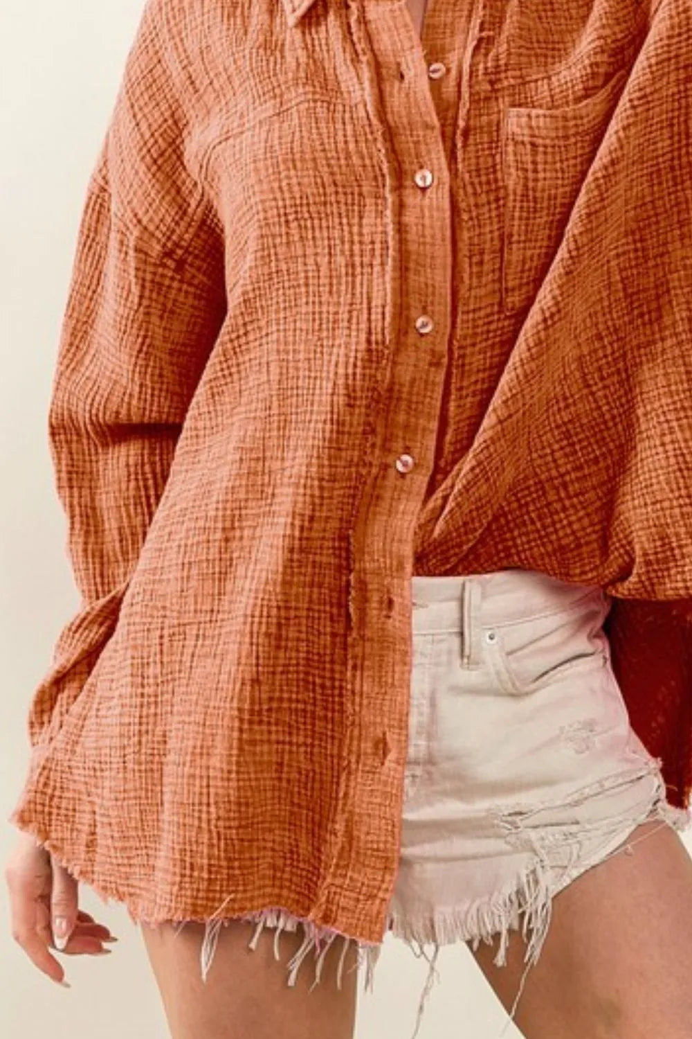 BiBi Raw Edge Detailed Mineral Washed Loose Fit Shirt for Women | Vintage Distressed Casual Top | Perfect for Streetwear, Layering & Everyday Outfits