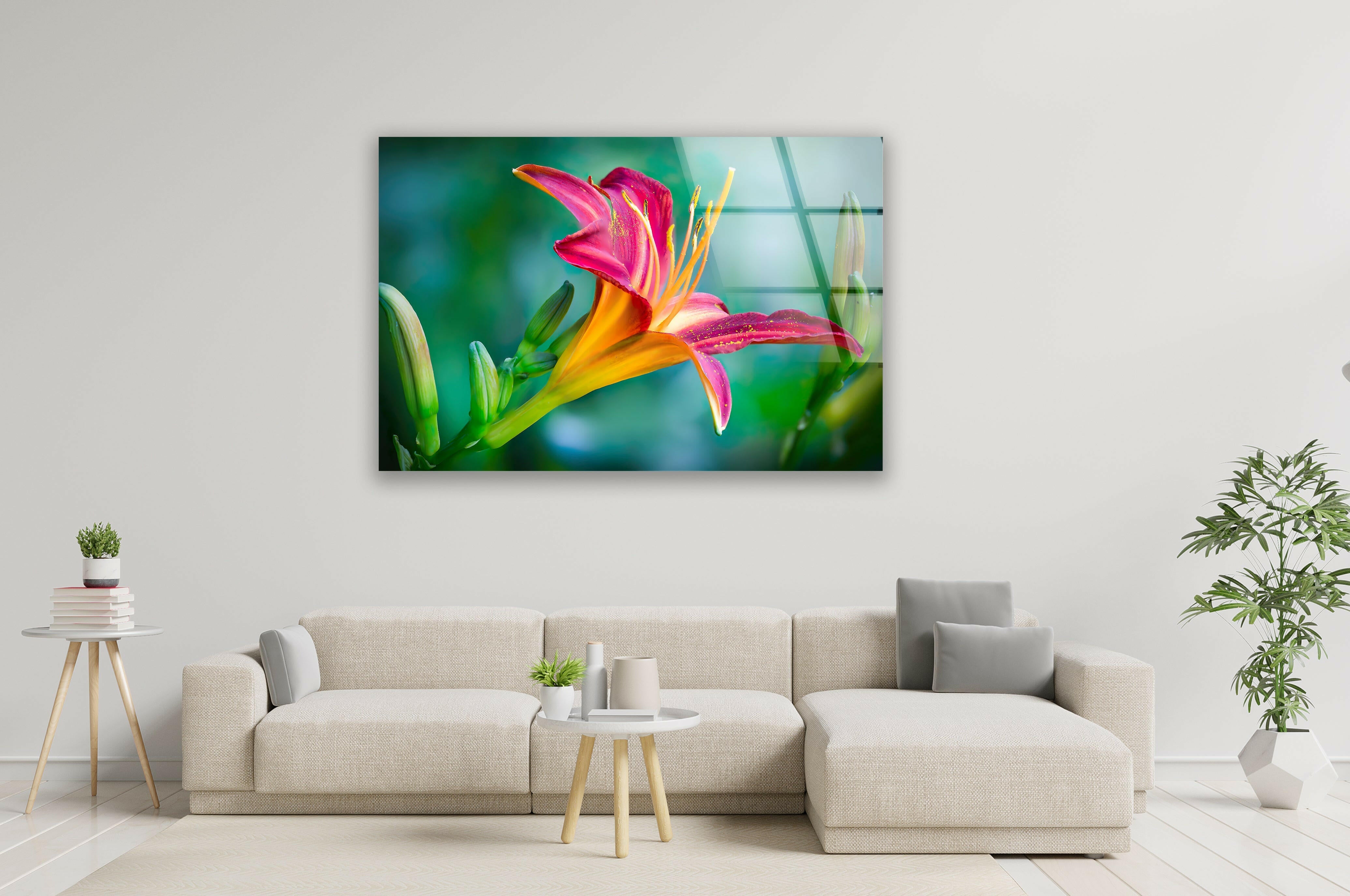 Pink Lily Glass Wall Art - Handmade Floral Decor for Living Room, Bedroom & Office - Elegant Home Decoration & Unique Gift Idea