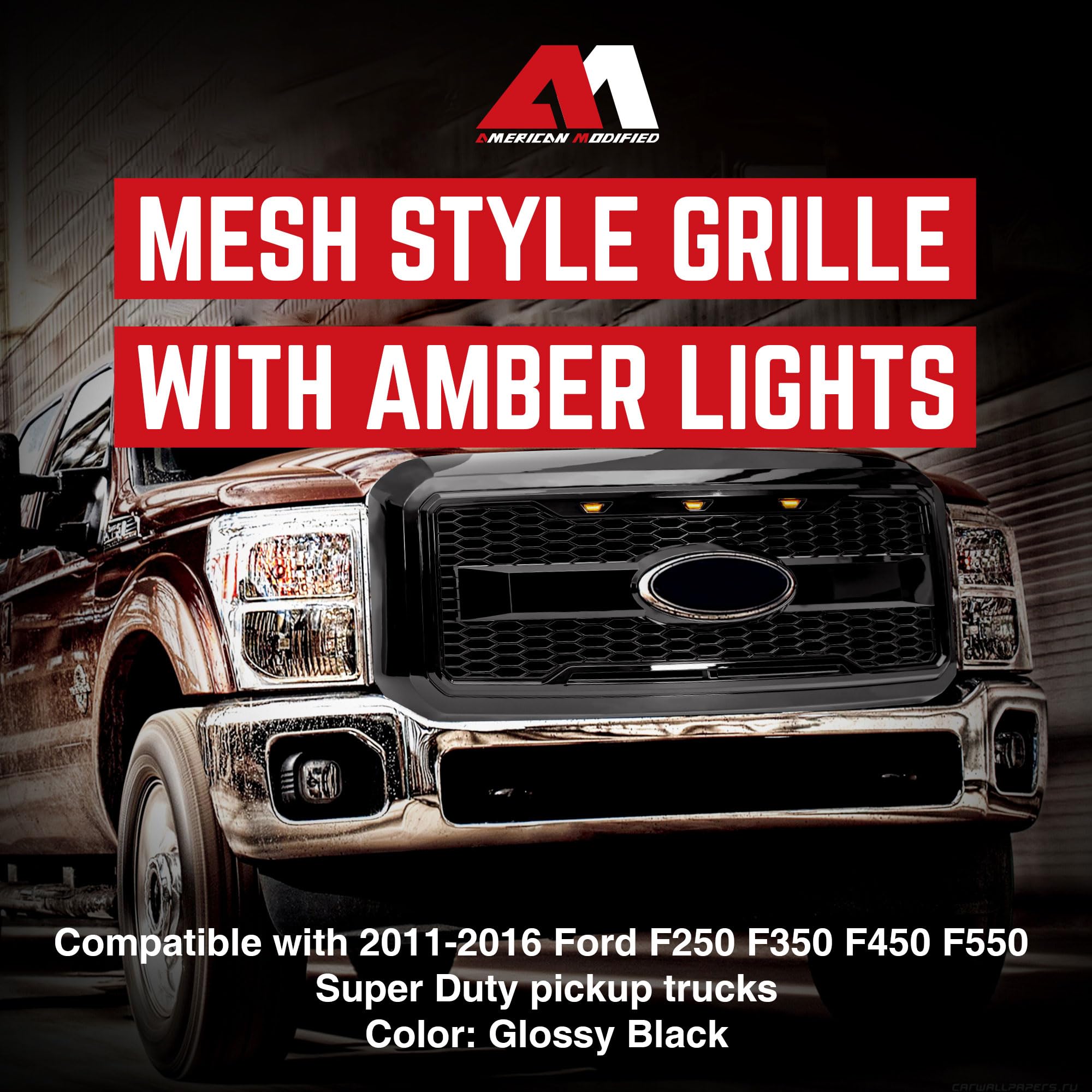 **2011-2016 Ford F250 F350 F450 F550 Raptor Style Front Grille with Amber LED Lights & Emblem Base - Glossy Black | Off-Road & Truck Customization Upgrade**    *(Use Case: Enhance your Ford Super Duty truck's aggressive look and visibility with this durable Raptor-style grille, perfect for off-roading, truck shows, or daily driving.)*
