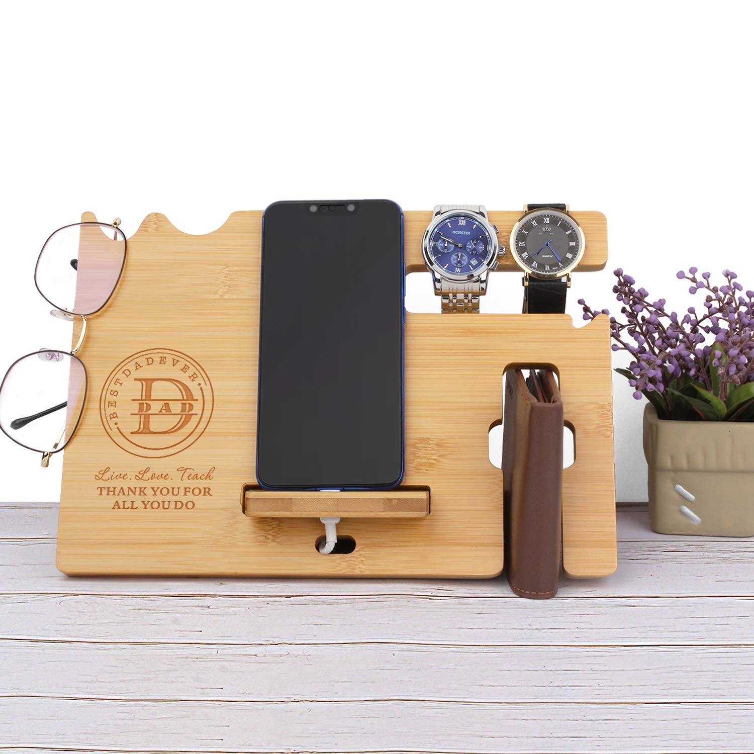 Personalized Wooden Phone Docking Station for Men - Engraved Nightstand Organizer with Phone Stand, Watch Holder & Accessory Tray - Unique Father's Day, Birthday, Christmas Gifts for Dad - Perfect for Bedside, Office Desk or Travel Essentials Organization
