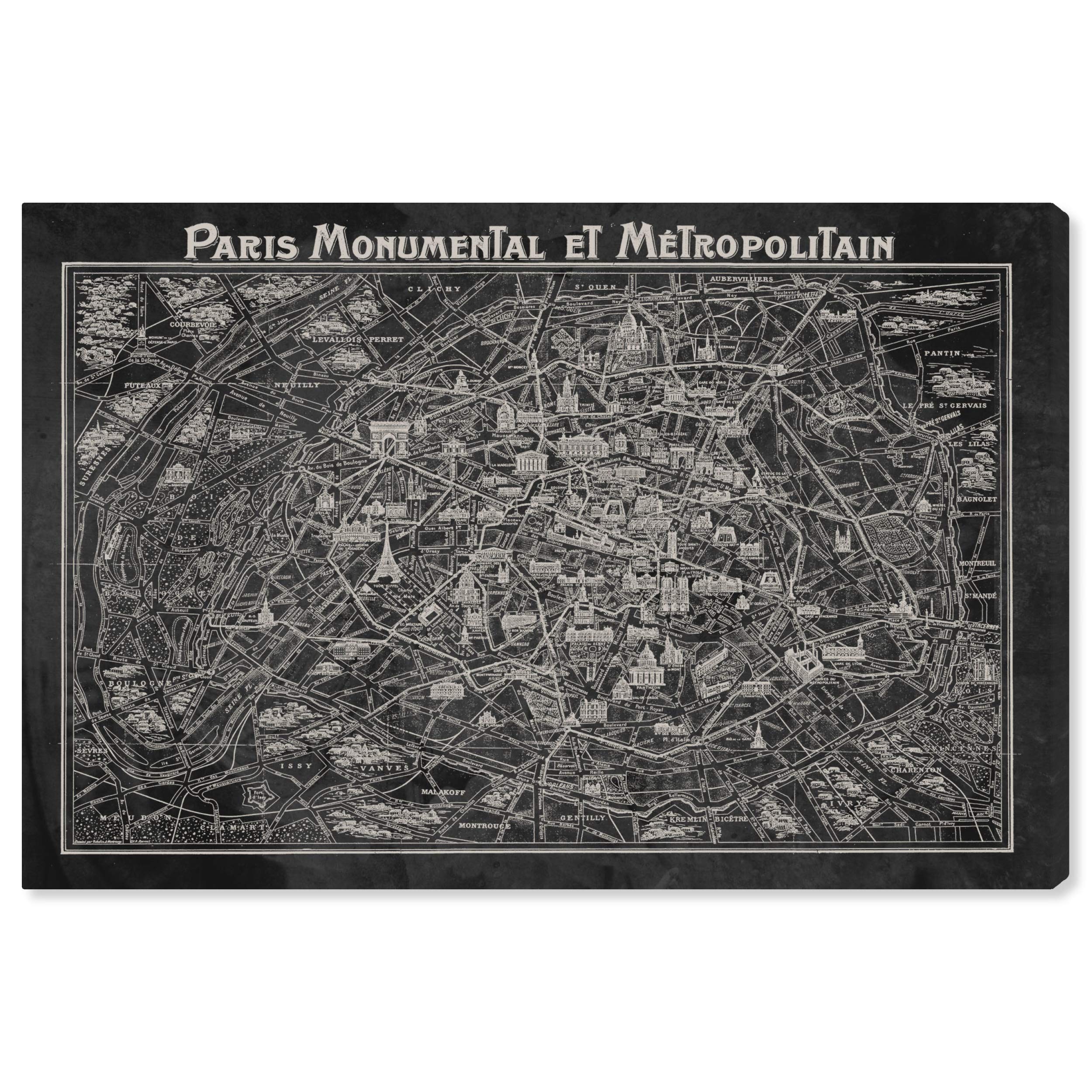 Rustic Gray Paris Map Wall Art Canvas Print - 36