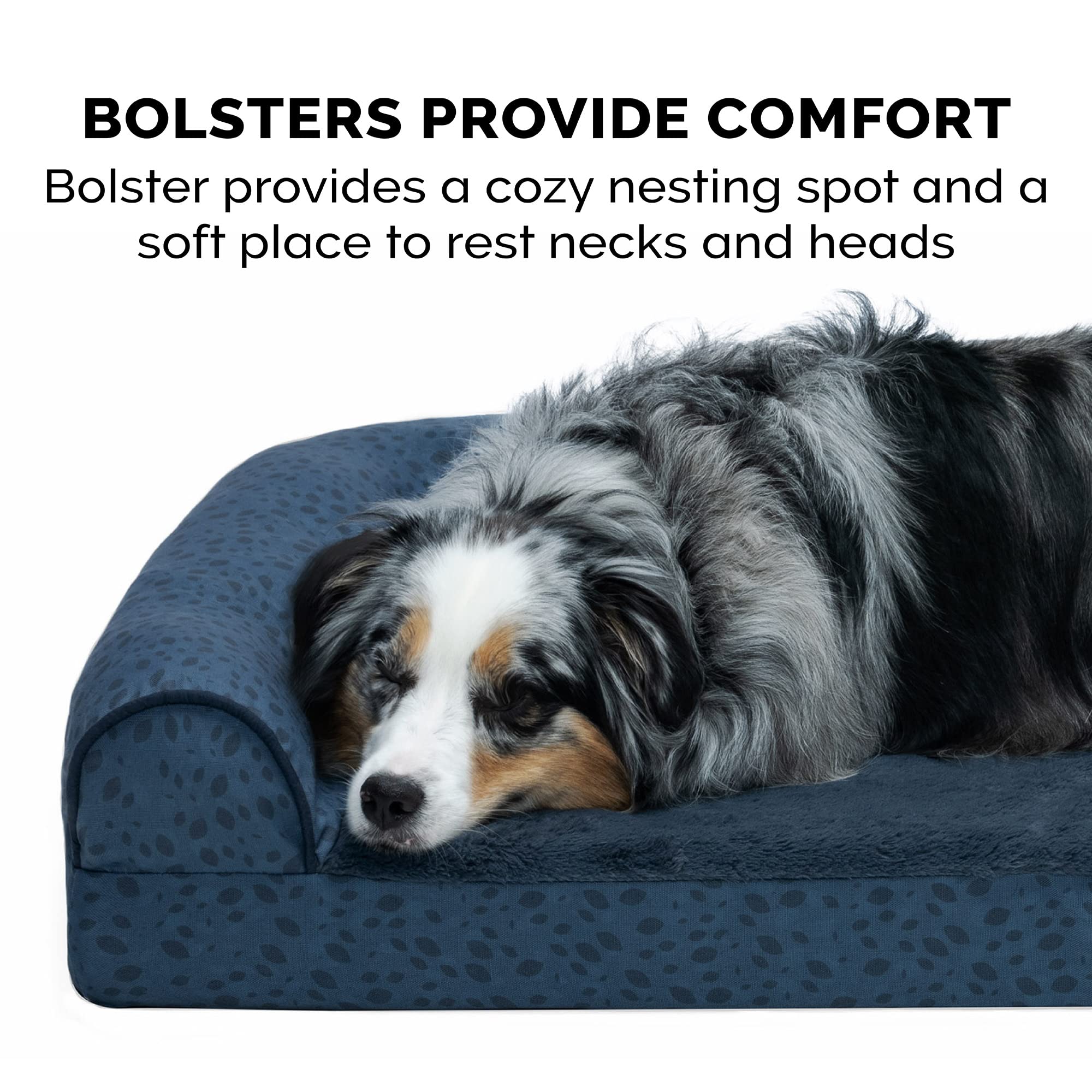 Furhaven Orthopedic Dog Bed for Small & Medium Dogs - Plush & Almond Print L-Shaped Chaise with Removable Bolsters & Washable Cover - Supports Up to 35 lbs - Blue Almonds (Medium) - Perfect for Crate Training, Arthritis Relief & Cozy Napping Spots