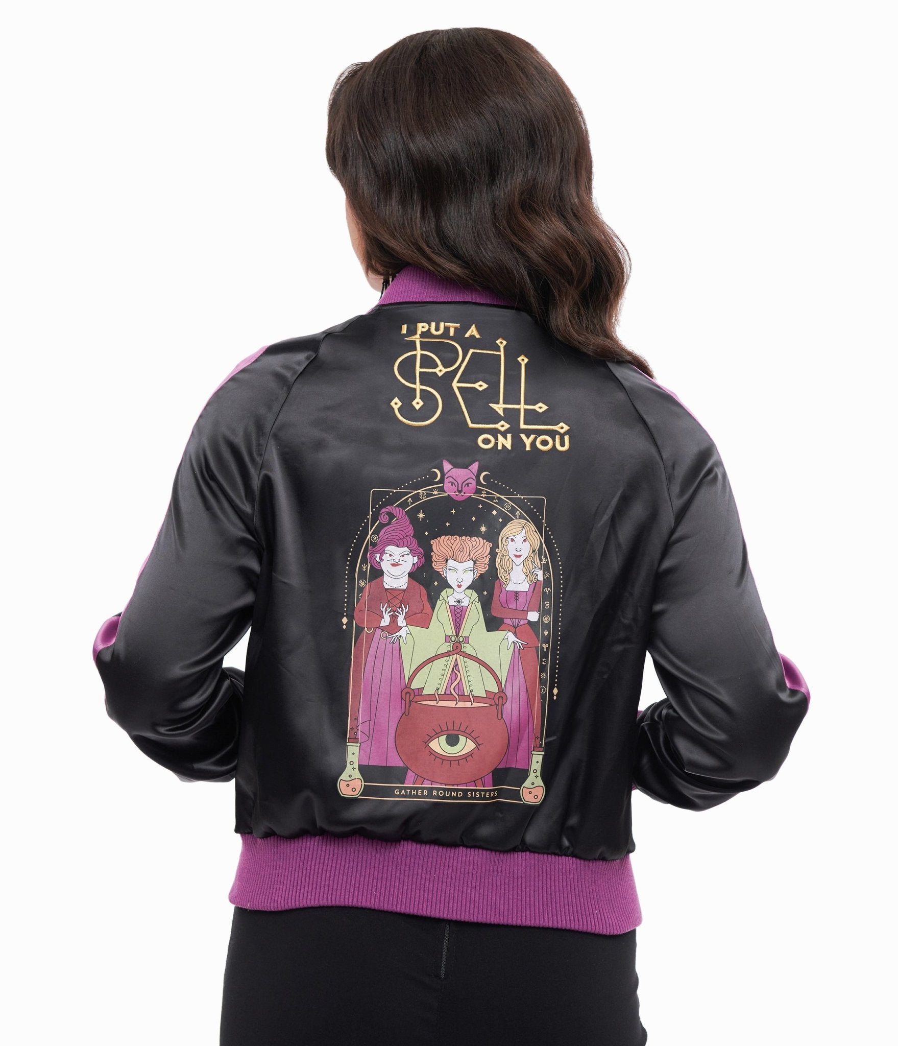 Disney Hocus Pocus Purple & Black Spell Bomber Jacket | Vintage-Inspired Halloween Costume | Perfect for Cosplay, Halloween Parties, and Movie-Themed Events