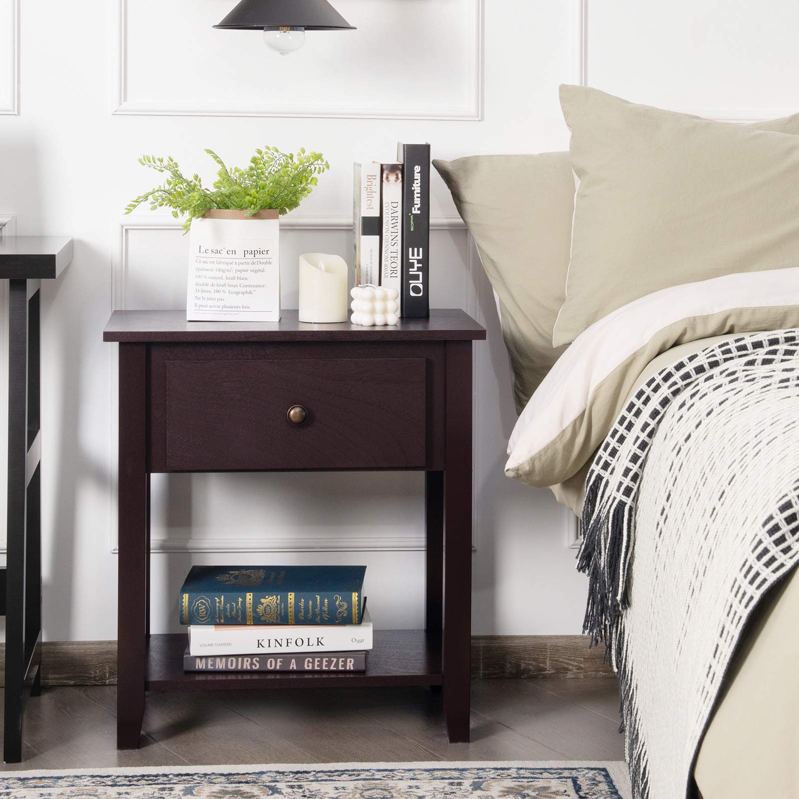 Modern Nightstand with Drawers & Shelf - Solid Pine Wood Bedside Table for Bedroom & Living Room - Espresso Finish