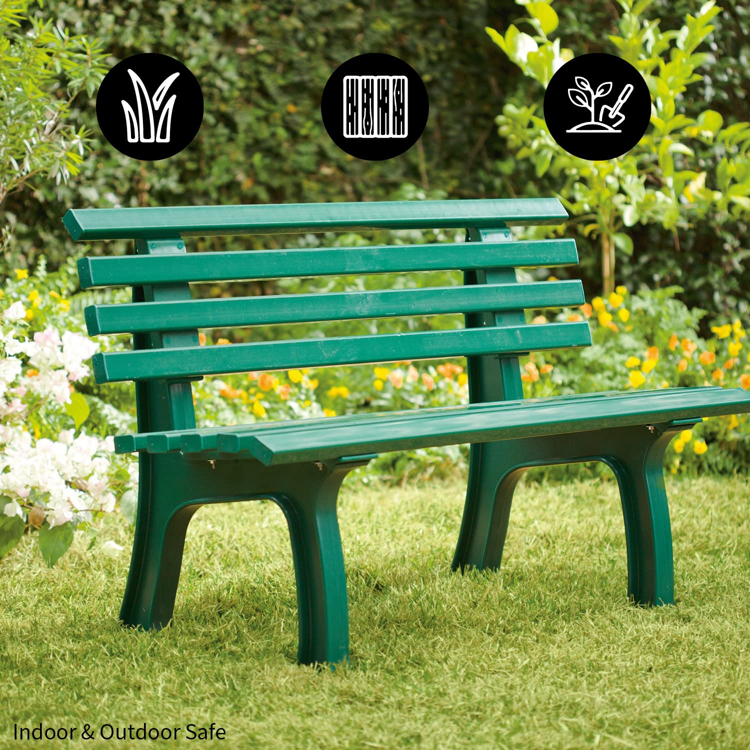 Weatherproof German PVC Outdoor Bench - Heavy Duty 500 lbs Capacity - Steel & Resin Garden Patio Furniture for Porch, Park, Deck - Green - Perfect for Backyard, Poolside & Outdoor Relaxation