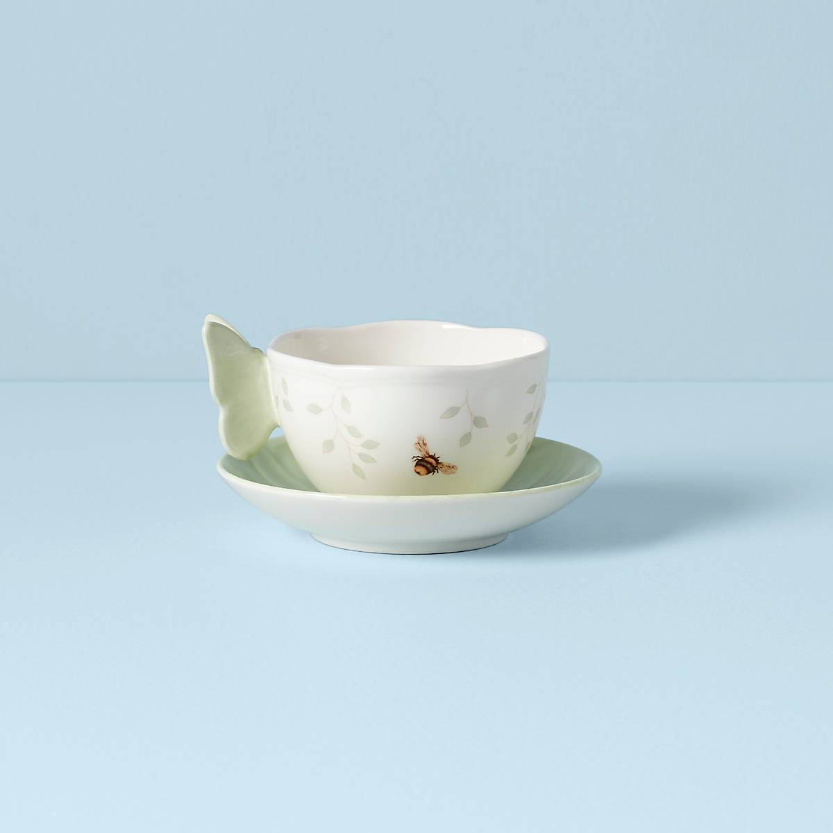 Butterfly Meadow Floral Green Tea Cup and Saucer Set - Elegant Porcelain Tea Cup for Afternoon Tea, Coffee, or Home Decor