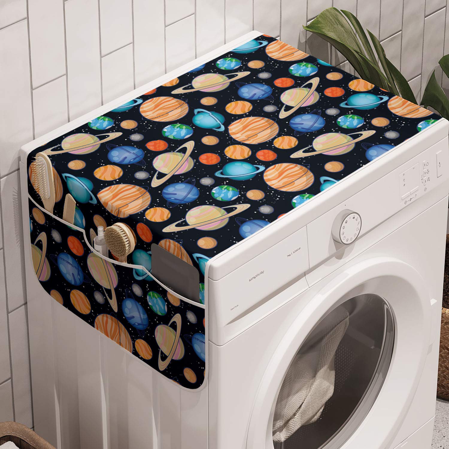 Ambesonne Galaxy Washing Machine Cover - Space Themed Solar System Planets Print Anti-Slip Fabric Top for Washer Dryer, 47