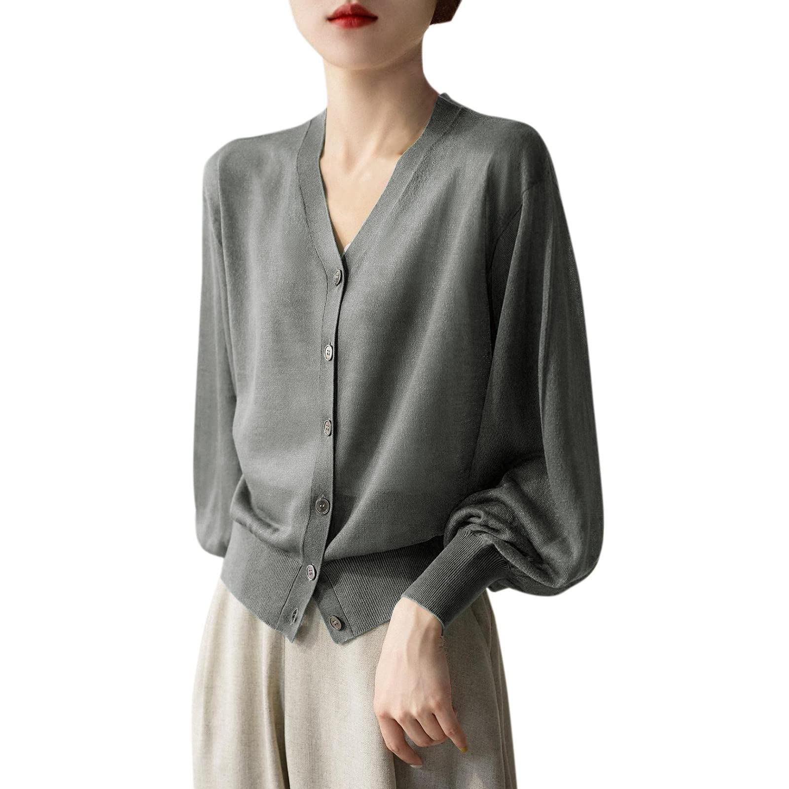 Women's Long Sleeve V-Neck Cardigan - Lightweight Sheer Open Front Knit Sweater for Office, Layering & Casual Outfits