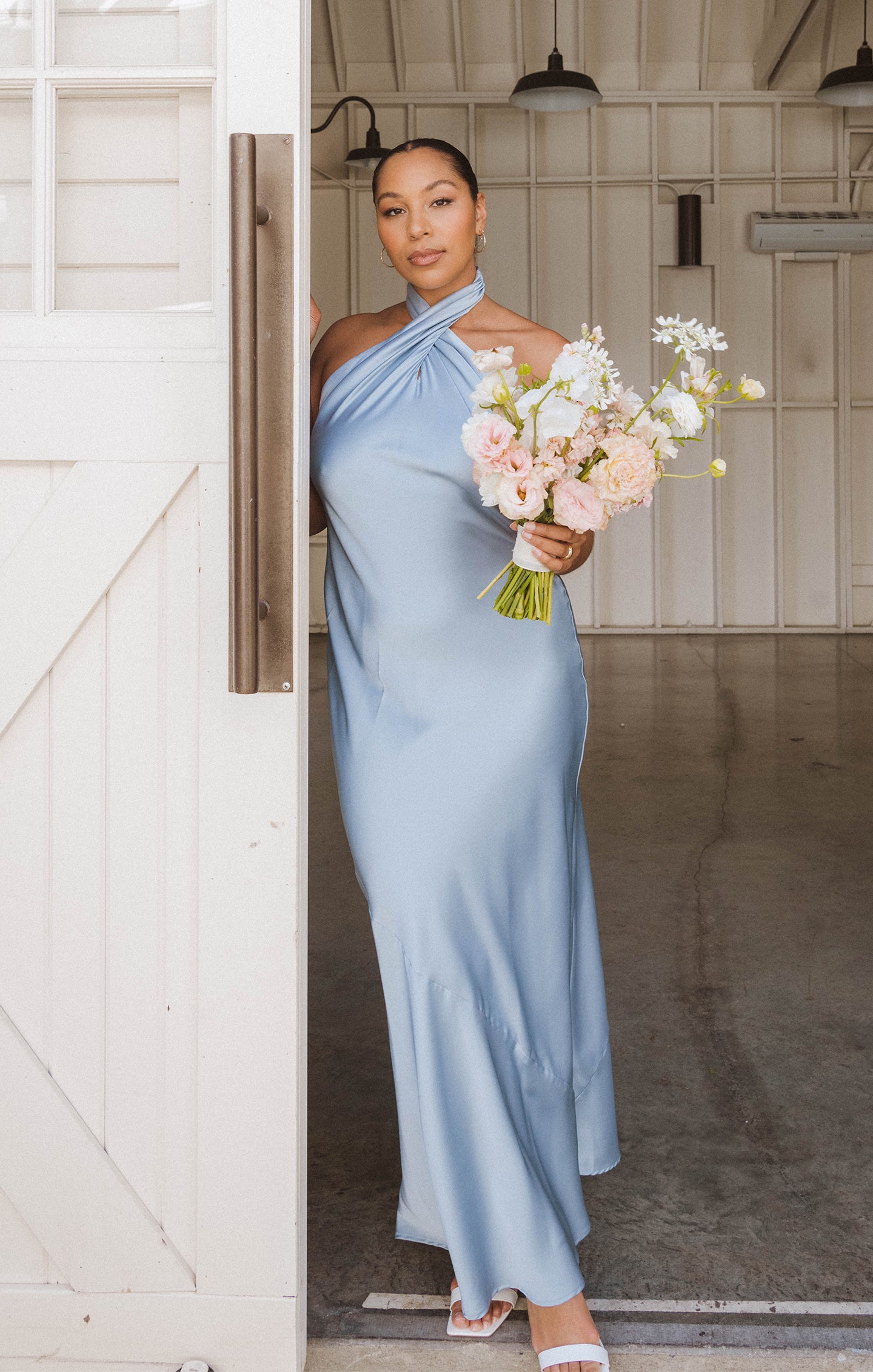Luxury Steel Blue Satin Jasmine Halter Maxi Dress for Women - Elegant Evening Gown for Weddings, Parties & Special Occasions