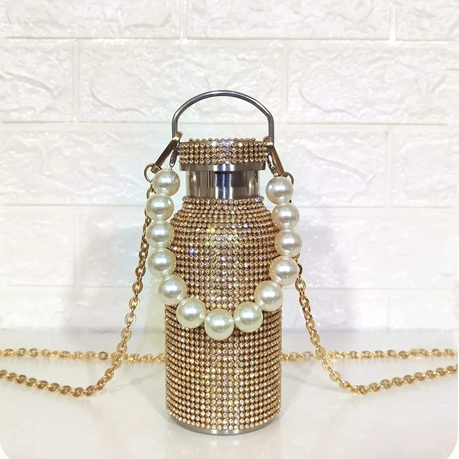 Sparkling Rhinestone Insulated Water Bottle 750ml - Bling Diamond Thermos with Pearl Chain, Leakproof Vacuum Coffee Travel Mug for Women, Gym, Beach & Office (Gold)