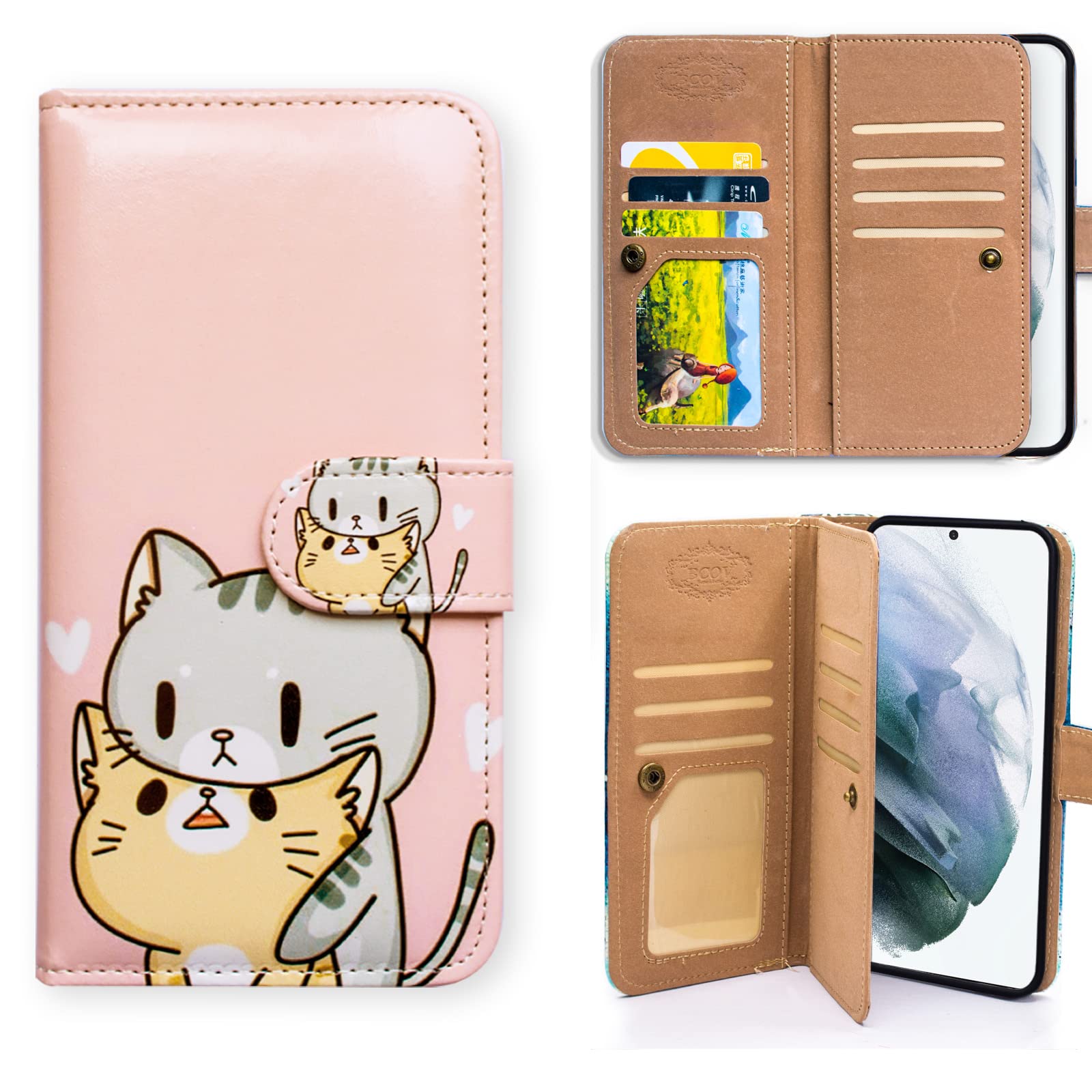 Premium Leather Wallet Case for Samsung Galaxy S22 Ultra - Green Cat Yellow Cat Design with Multi-Card Slots, Flip Cover & Wrist Strap | Perfect for Everyday Use, Travel & Business Meetings