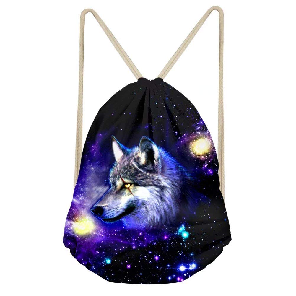 Dellukee Starry Sky Wolf Print Drawstring Backpack - Lightweight Gym Sack for Teens, Kids Sports Bag, Travel & School Essentials - Perfect for Workouts, Hiking & Daily Use
