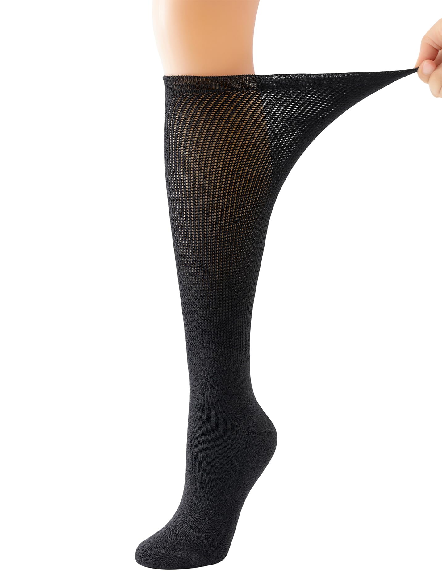 Yomandamor 4 Pairs Women's Diabetic Knee-High Seamless Socks - Black, Long Lace Non-Binding Socks for Circulation (Size 9-11) - Perfect for Diabetes, Swelling & Comfort All Day