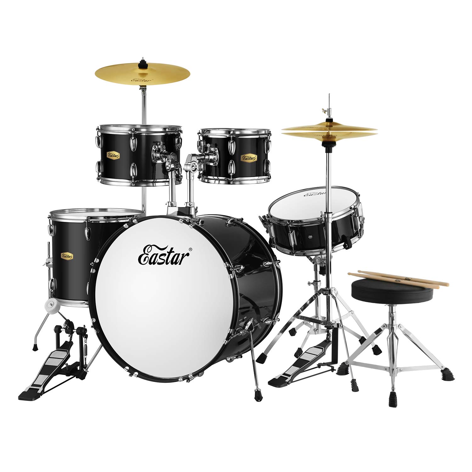 Eastar 22 Inch 5-Piece Full Size Drum Set for Adults & Beginners - Complete Drum Kit with Pedal, Cymbals, Stands, Stool & Drumsticks in Mirror Black - Perfect for Home Practice, Music Lessons & Live Performances