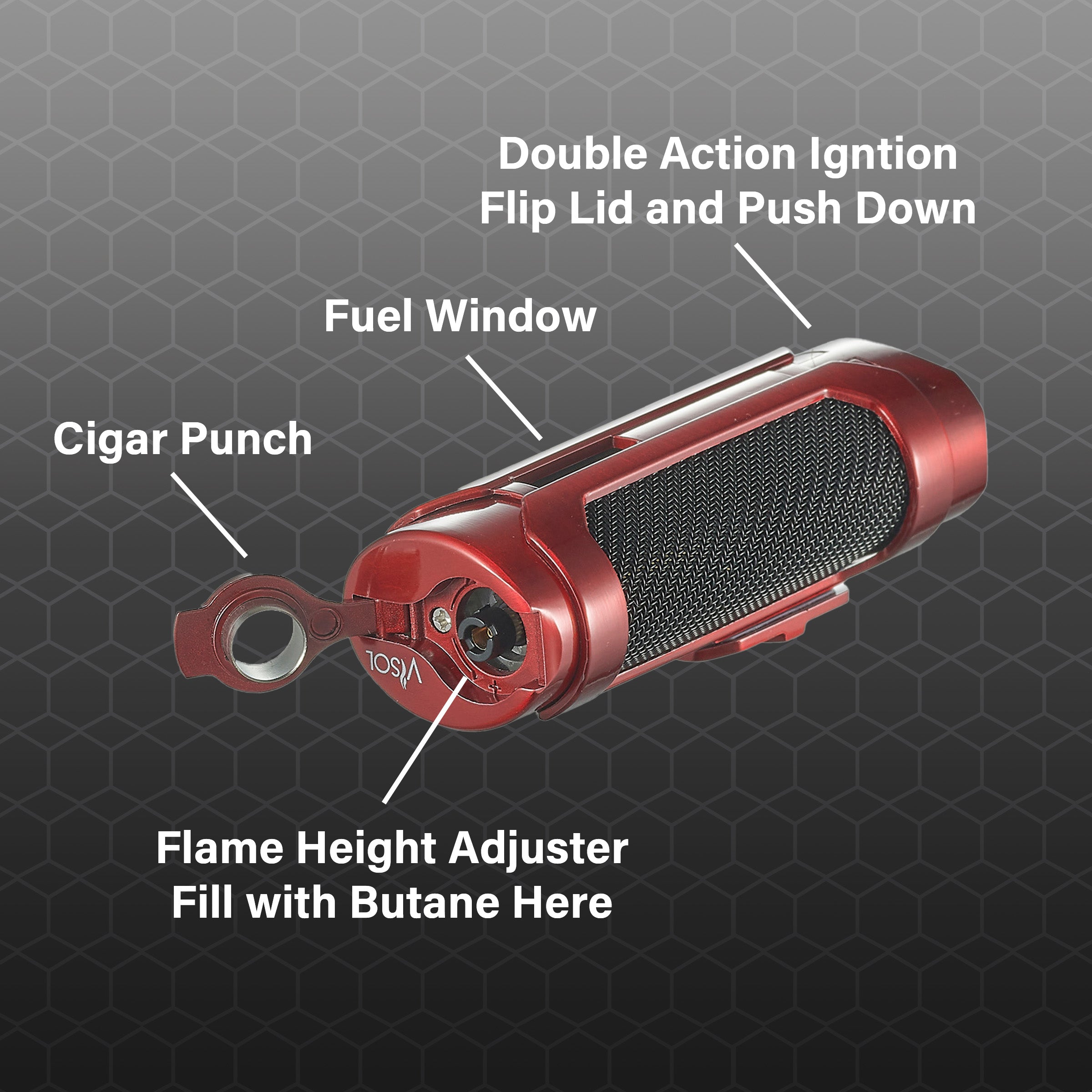 Visol Marlin Triple Flame Torch Lighter - Windproof Butane Lighter for Cigars, Camping & Outdoor Use (Red)