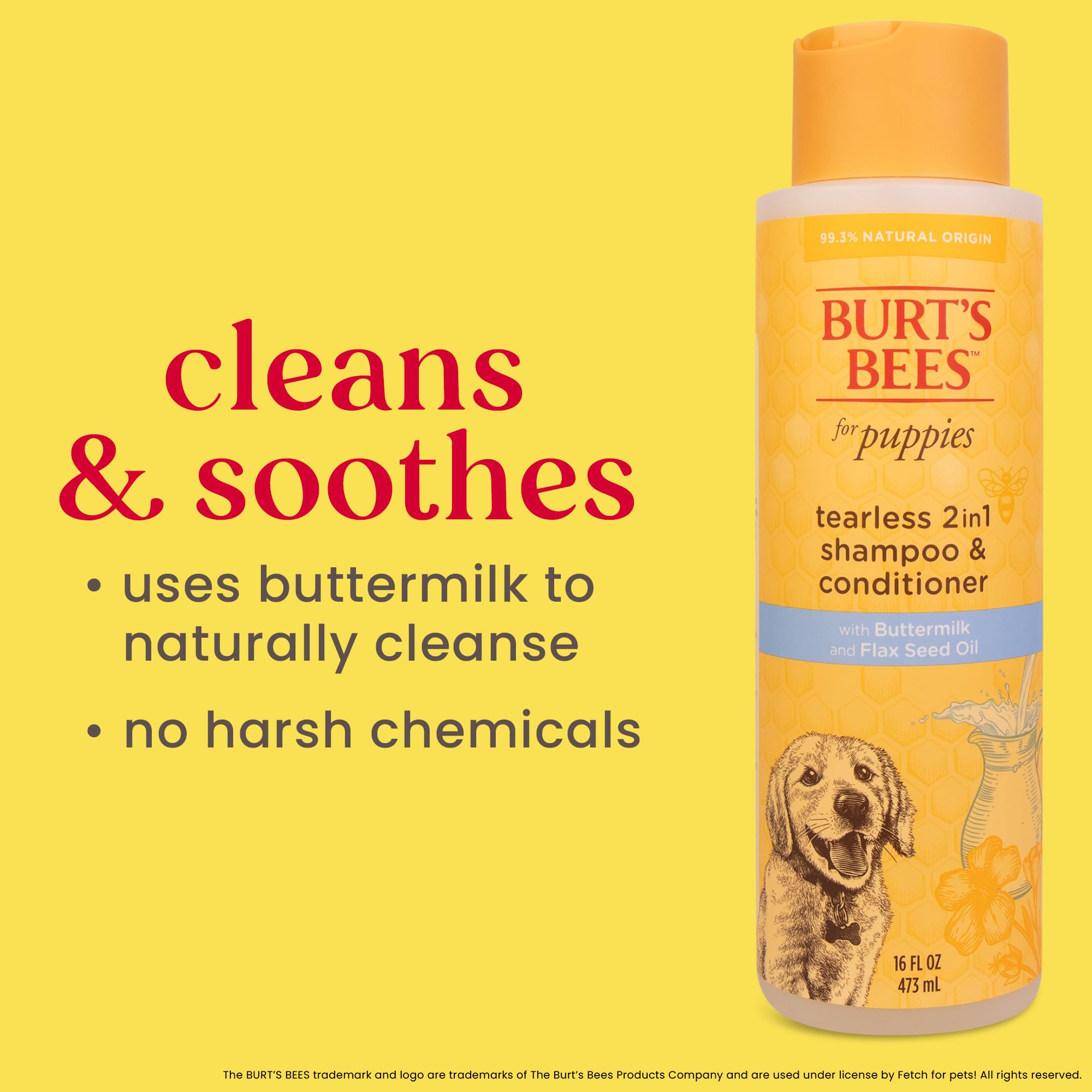 Burt's Bees for Pets Tearless Puppy 2-in-1 Shampoo & Conditioner with Buttermilk & Linseed Oil | 95% Natural Ingredients | Gentle Tear-Free Puppy Bath Solution | 16 oz | Perfect for Sensitive Skin & Regular Grooming